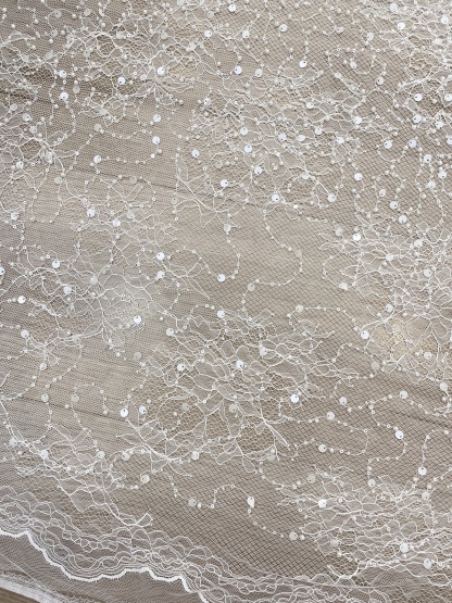 Luxury Beaded Tulle Lace Fabric, White Sequined Bridal Mesh by the Yard for Wedding Dress, Veil, Bridal Gown Embroidery, Floral Lace
