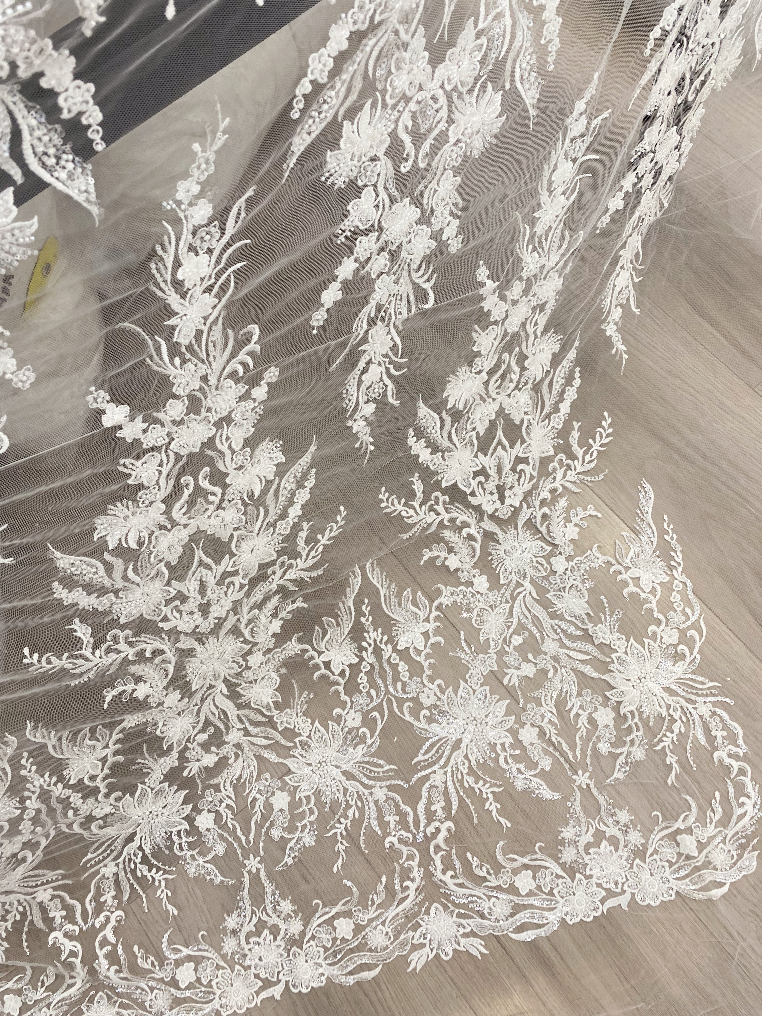 Sequin Floral Embroidery Lace Fabric by yard, Ivory Tulle Bridal Dress Lace for DIY sewing, Designer Dressmaking Supplies