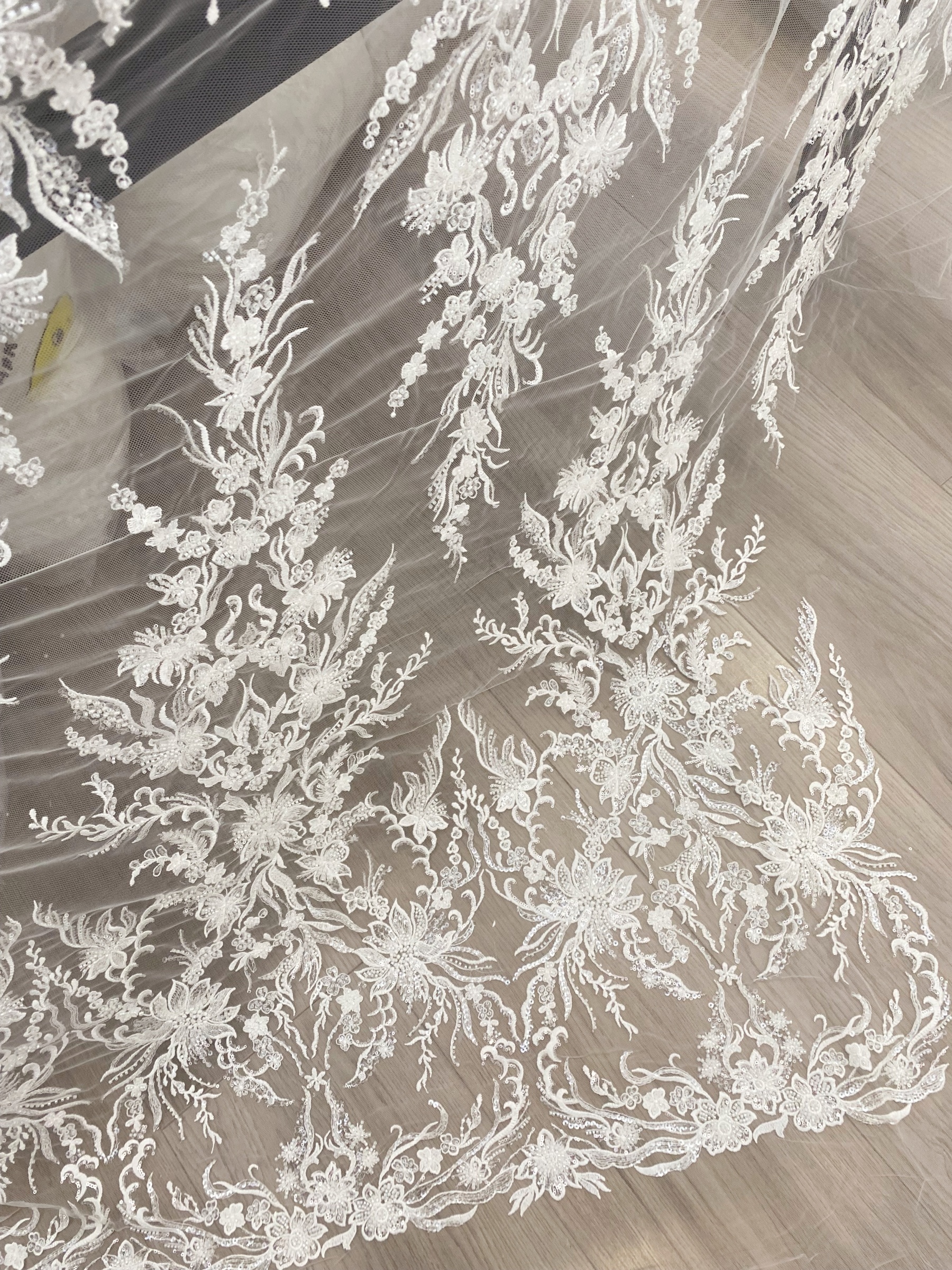 Sequin Floral Embroidery Lace Fabric by yard, Ivory Tulle Bridal Dress Lace for DIY sewing, Designer Dressmaking Supplies