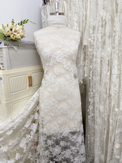 Ivory Floral Pearl lace Fabric for Bridal Wedding Dress, Gown,Romantic 3D Embroidery Tulle flower applique fabric by the yard