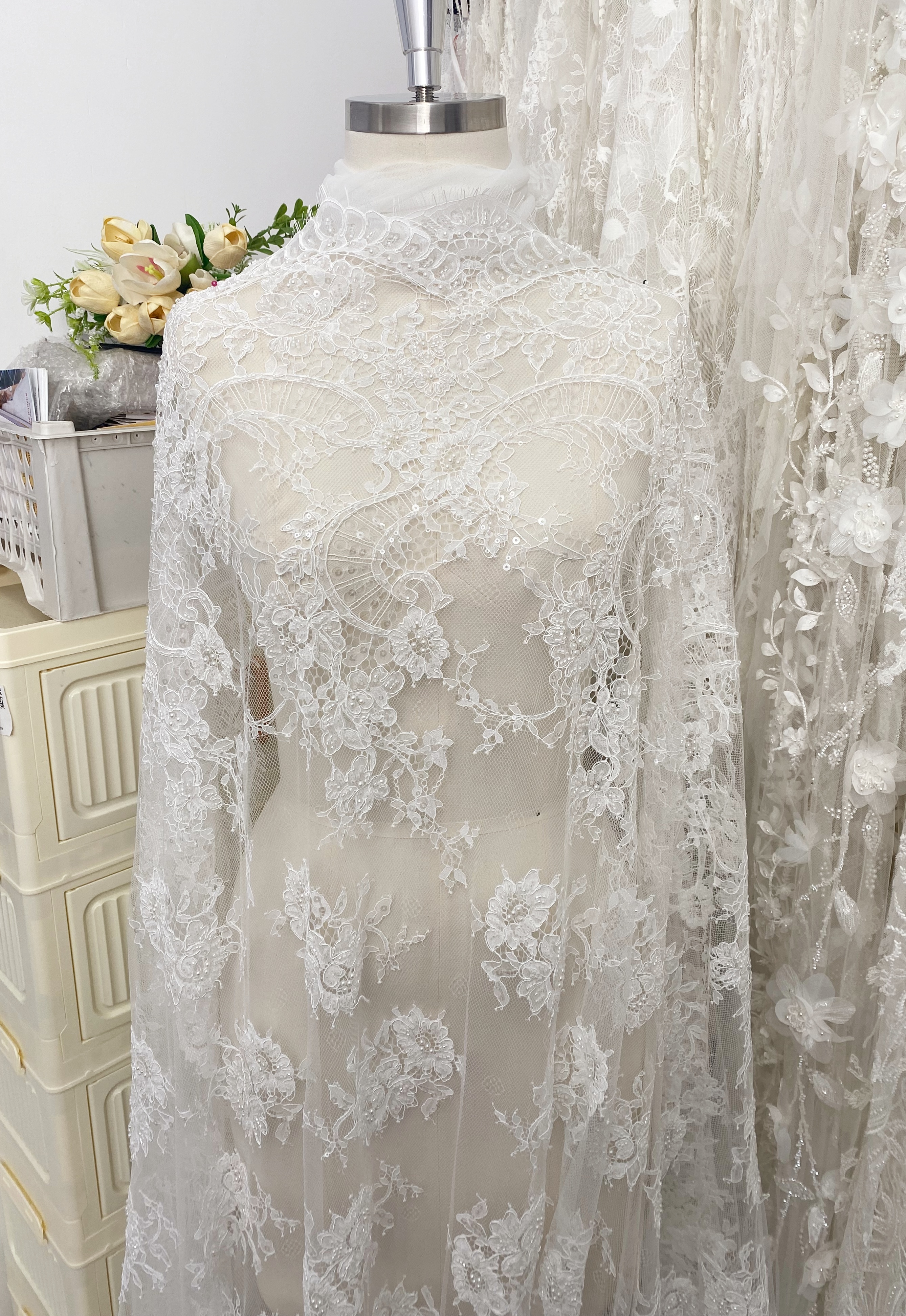 Ivory Beaded Chantilly Lace Fabric for Wedding Dress,Bridal Gown Veil,Sold by 3 Meter