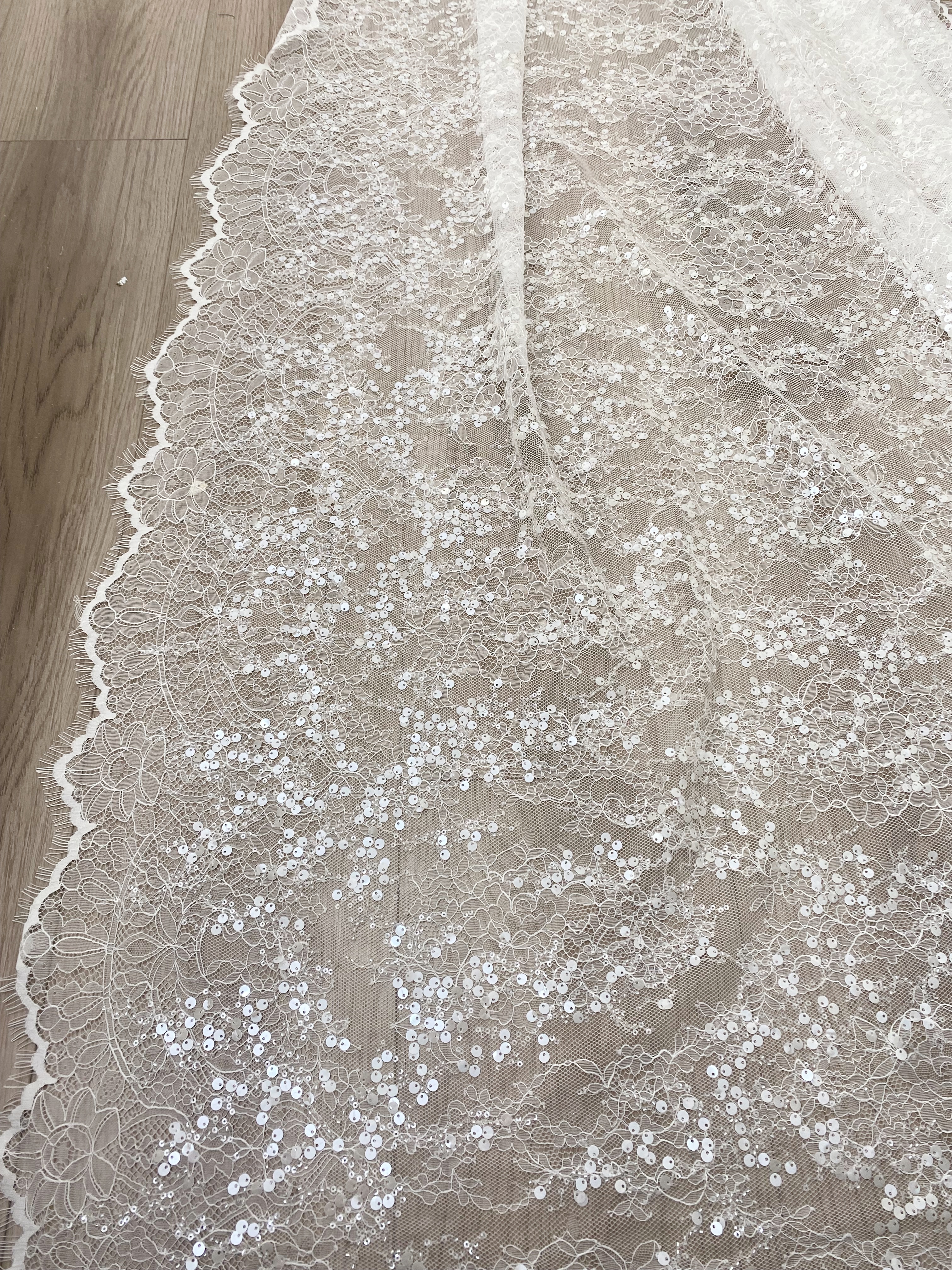3 Meter French Chantilly Lace Fabric, Beaded Bridal Lace with Sequins, White Eyelash Lace Veil Lace Floral Lace for Wedding Dress