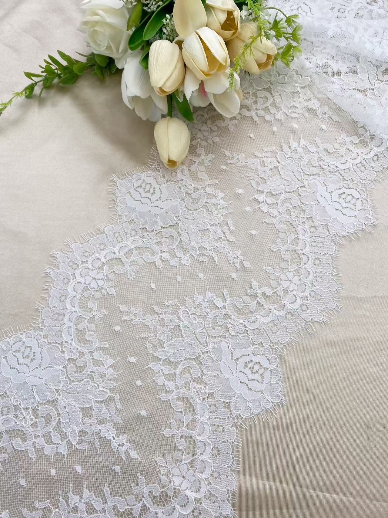 French Chantilly Lace, Floral Trim Eyelash Edging, Eyelash Lace Wedding Dress Fabric for Bridal Veil, Bridal Cap Lace 3 meters