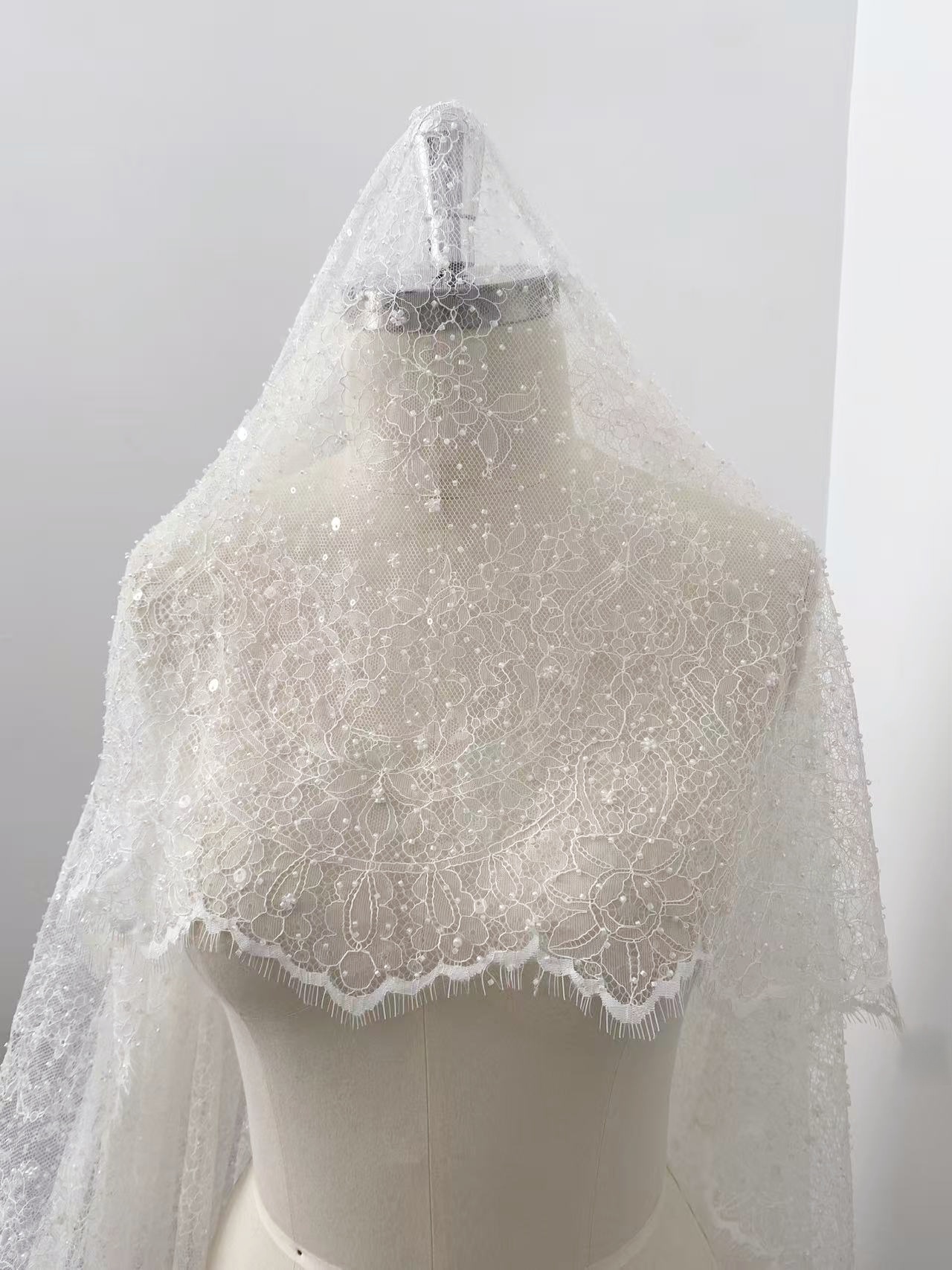 White Beaded Chantilly French Lace Fabric, Floral Embroidered Lace with Eyelash for Wedding Dress Veils, Sequin Bridal Lace,Sold by 3 Meters