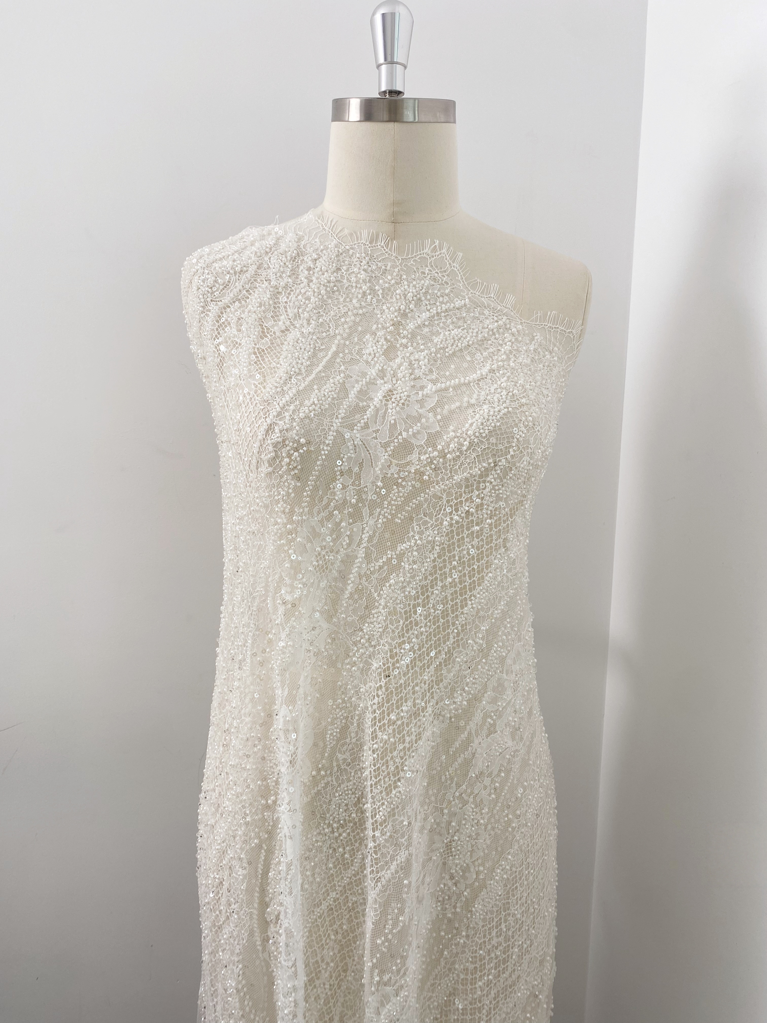 Ivory Beaded Chantilly Lace Fabric for Wedding Dress,Bridal Gown Veil,Sold by 3 Meter