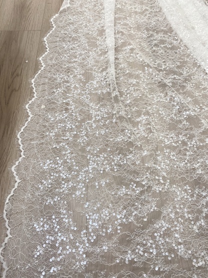 3 Meter French Chantilly Lace Fabric, Beaded Bridal Lace with Sequins, White Eyelash Lace Veil Lace Floral Lace for Wedding Dress