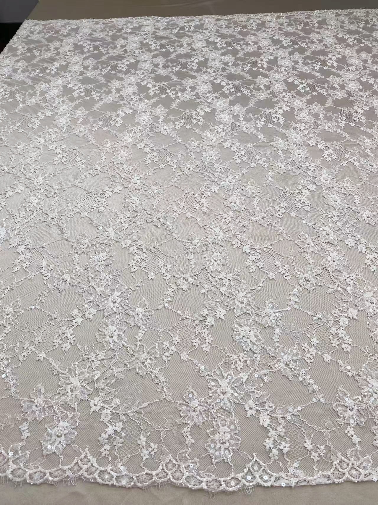 Luxurious Beaded French Chantilly Lace Fabric, Sequin Floral Embroidery Lace for wedding shrugs,bridal gown,Sold by 3 Yard