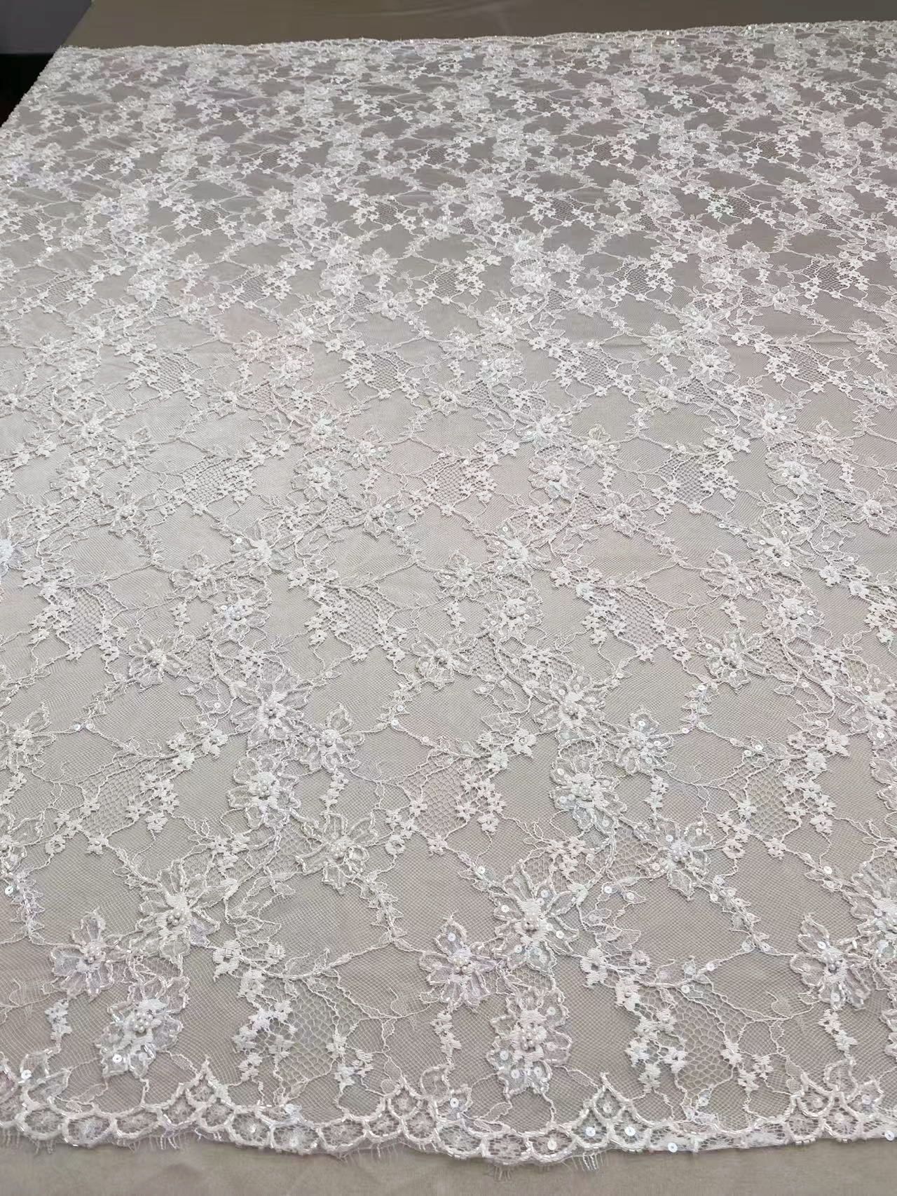 Luxurious Beaded French Chantilly Lace Fabric, Sequin Floral Embroidery Lace for wedding shrugs,bridal gown,Sold by 3 Yard