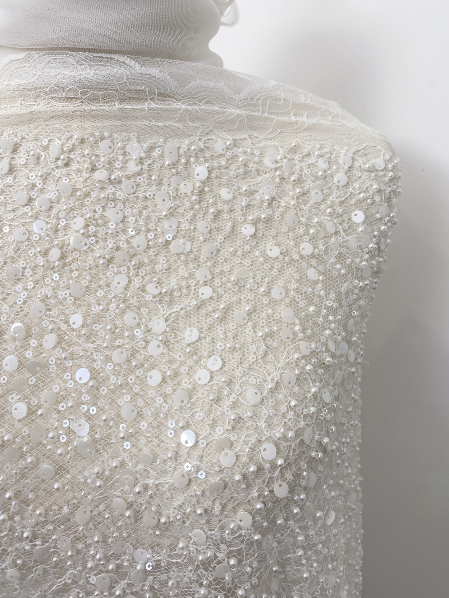 Luxury Beaded Tulle Lace Fabric, White Sequined Bridal Mesh by the Yard for Wedding Dress, Veil, Bridal Gown Embroidery, Floral Lace