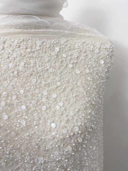 Luxury Beaded Tulle Lace Fabric, White Sequined Bridal Mesh by the Yard for Wedding Dress, Veil, Bridal Gown Embroidery, Floral Lace