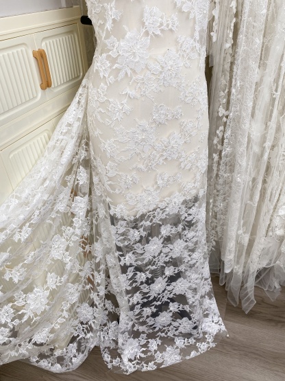 Ivory Floral Pearl lace Fabric for Bridal Wedding Dress, Gown,Romantic 3D Embroidery Tulle flower applique fabric by the yard