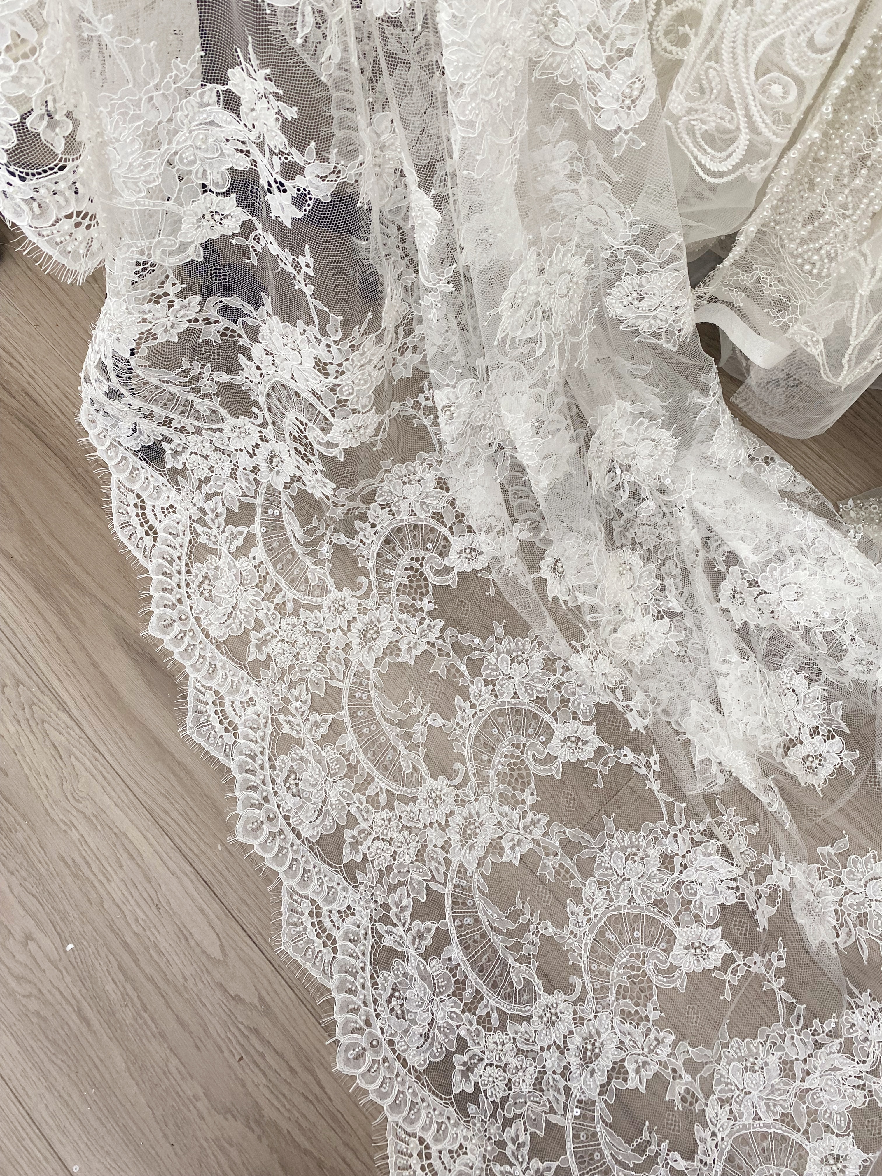 Ivory Beaded Chantilly Lace Fabric for Wedding Dress,Bridal Gown Veil,Sold by 3 Meter