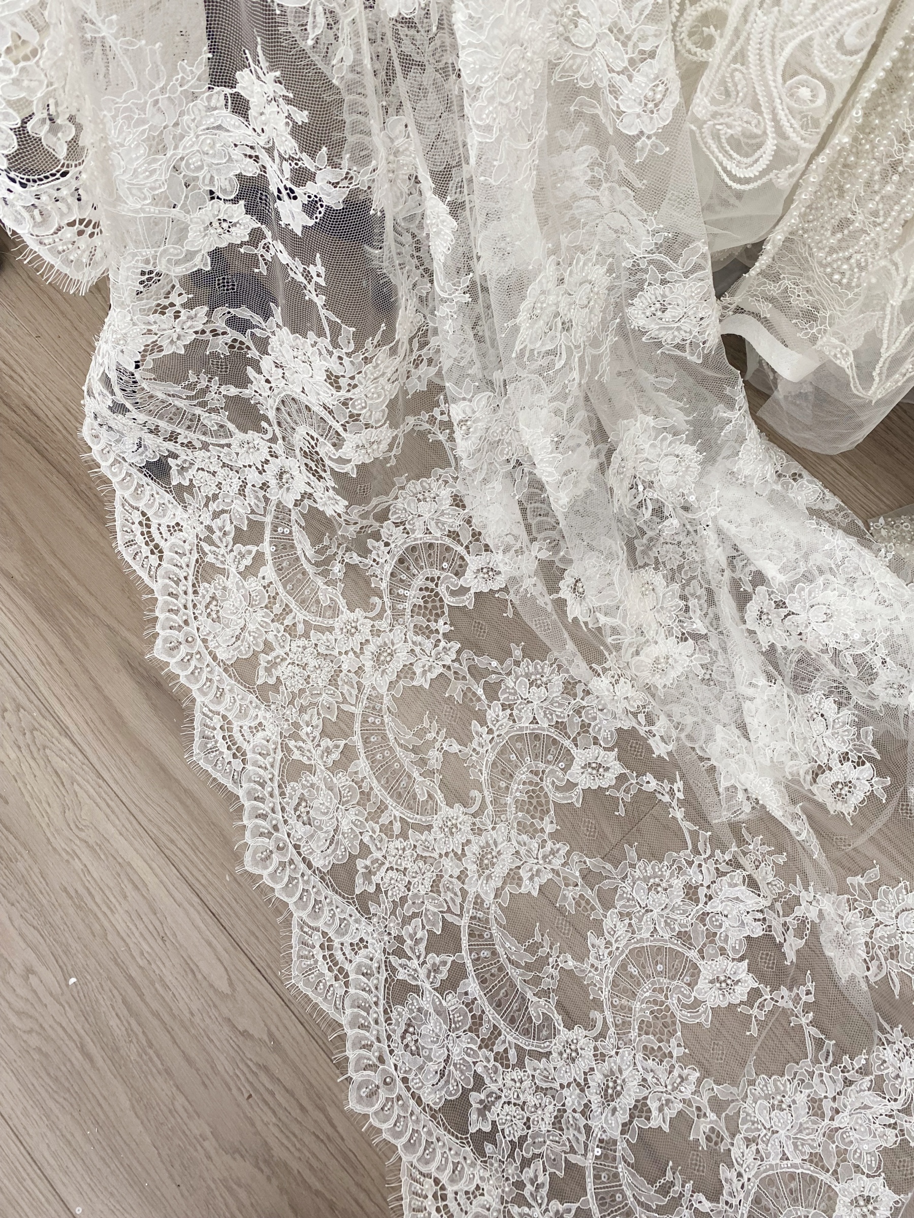 Ivory Beaded Chantilly Lace Fabric for Wedding Dress,Bridal Gown Veil,Sold by 3 Meter
