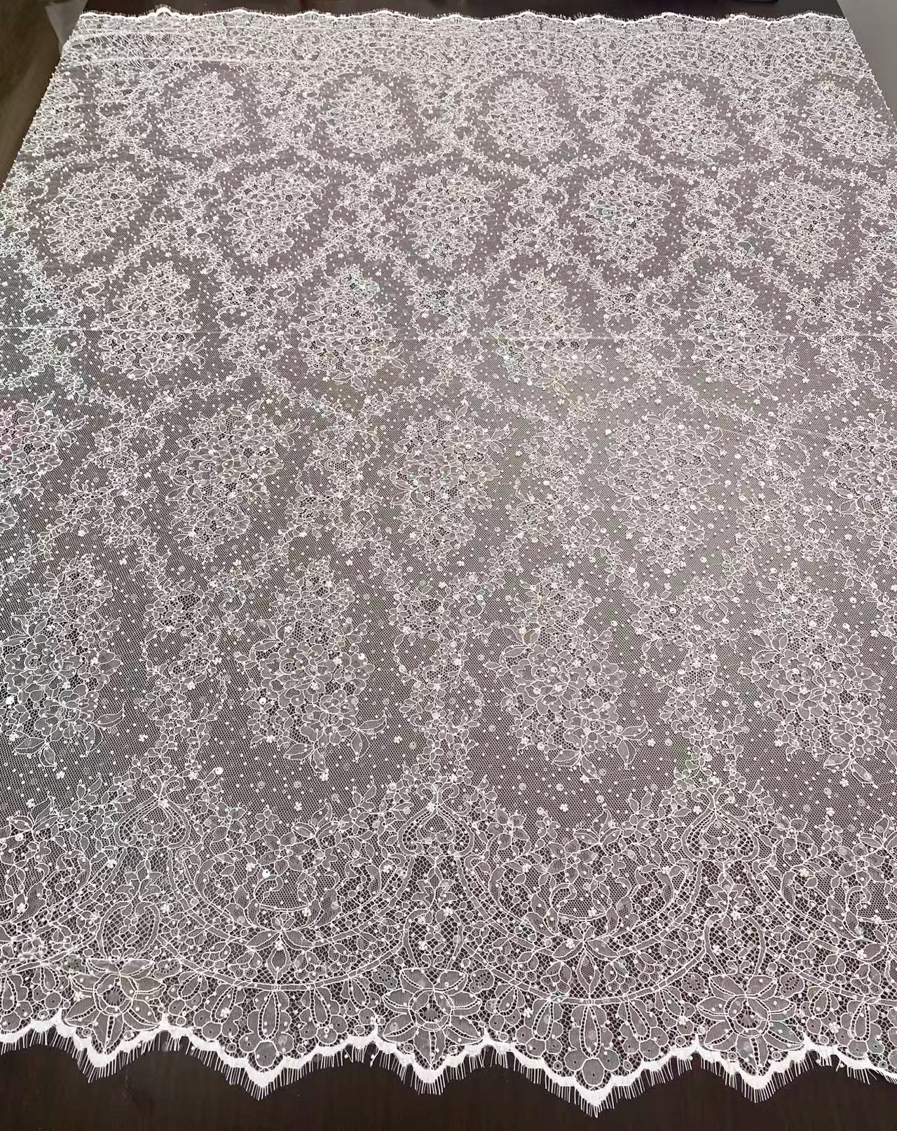 White Beaded Chantilly French Lace Fabric, Floral Embroidered Lace with Eyelash for Wedding Dress Veils, Sequin Bridal Lace,Sold by 3 Meters