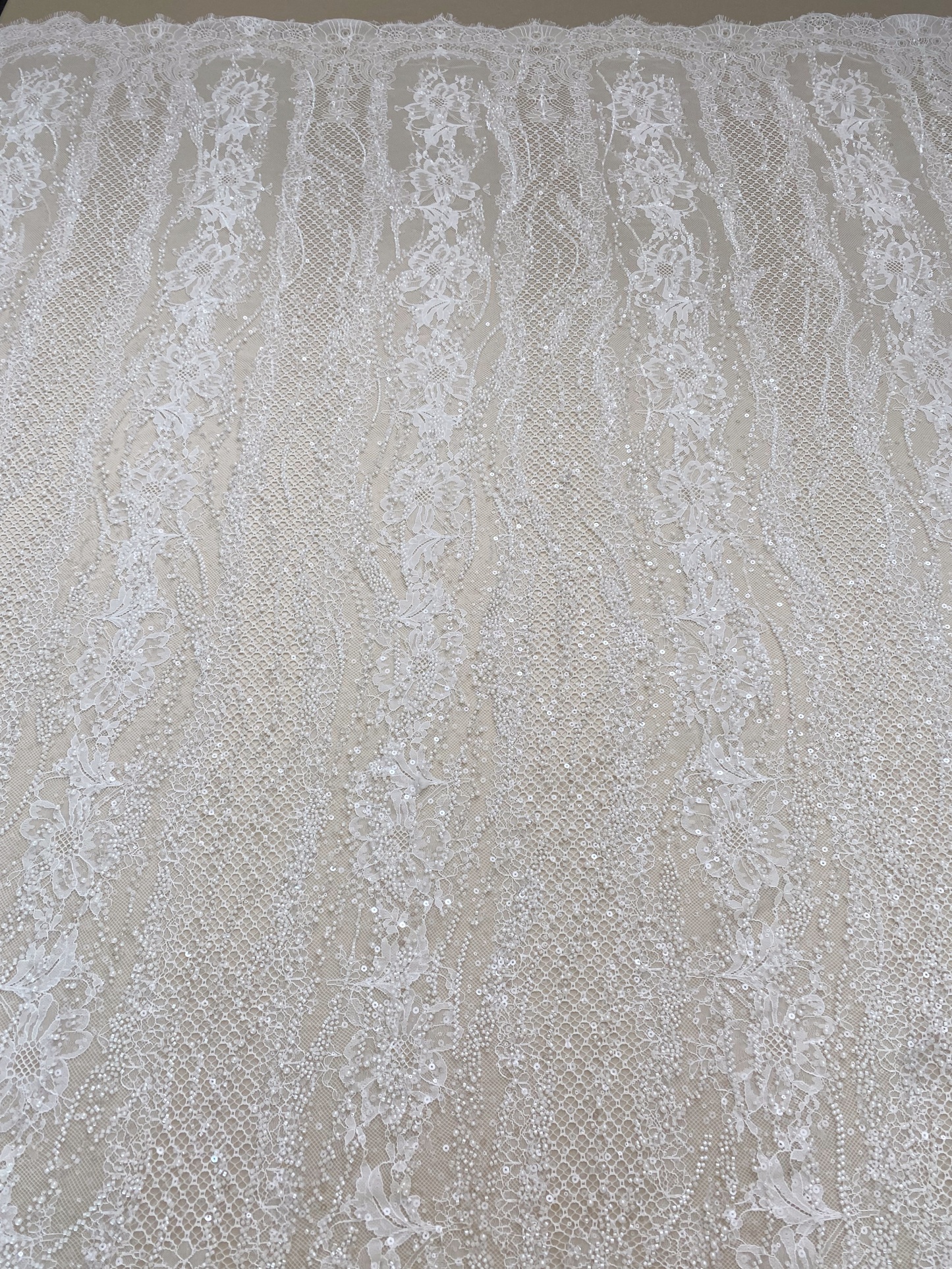 Ivory Beaded Chantilly Lace Fabric for Wedding Dress,Bridal Gown Veil,Sold by 3 Meter