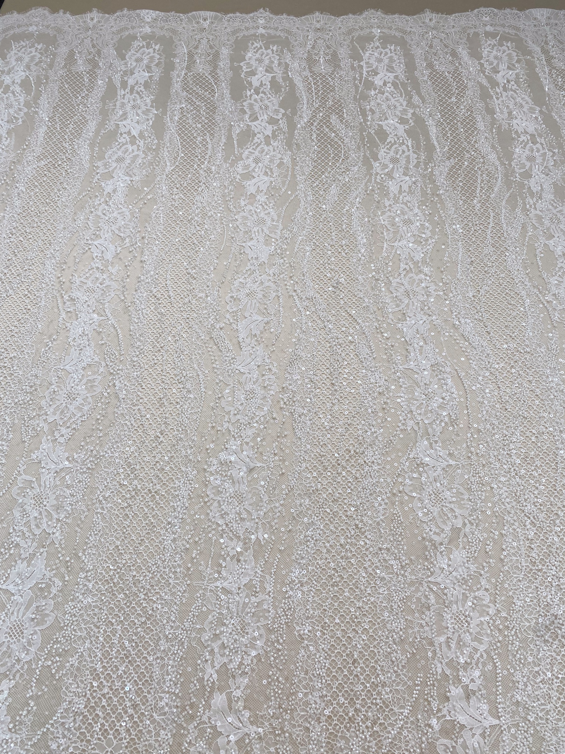 Ivory Beaded Chantilly Lace Fabric for Wedding Dress,Bridal Gown Veil,Sold by 3 Meter