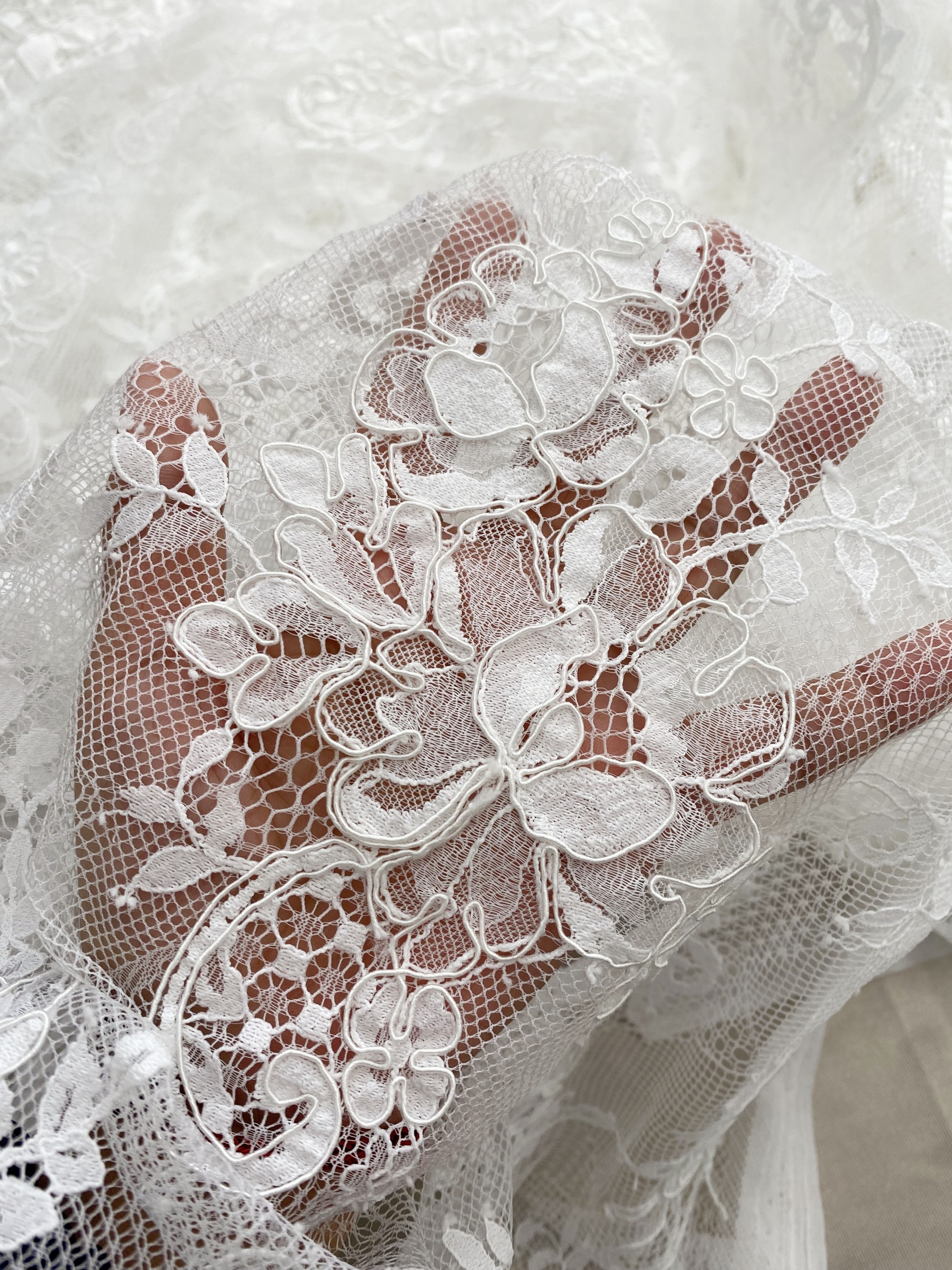 3 Meters French Chantilly Lace Fabric with Corded and Eyelash, Floral Embroidery Lace Scallop Edges for Bridal Wedding Dress, Veil