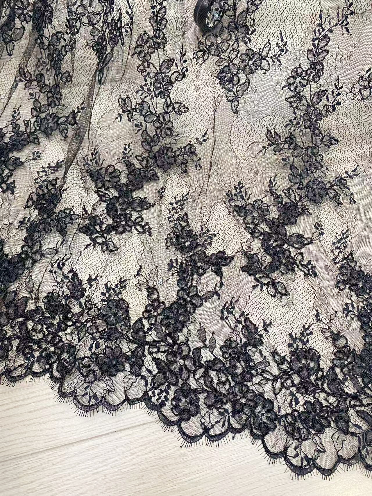Black Chantilly lace fabric with cord, French bridal wedding lace, eyelash veil lace, scalloped floral lace, sold by 3 maters