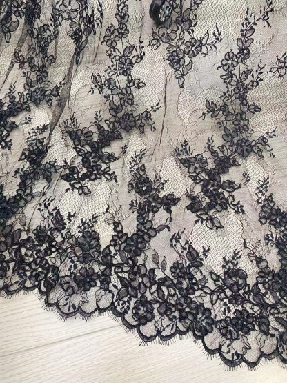 Black Chantilly lace fabric with cord, French bridal wedding lace, eyelash veil lace, scalloped floral lace, sold by 3 maters