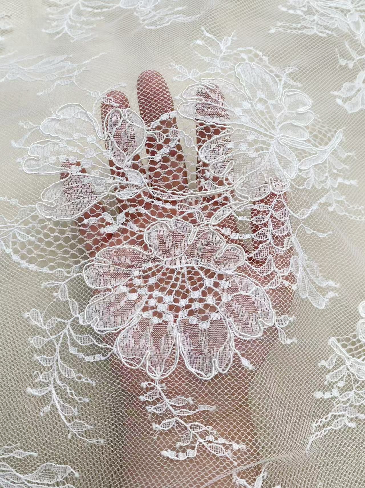 New arrival Chantilly lace fabric with flowers for bridal veil, bridal dress, White wedding lace French lace by the yard