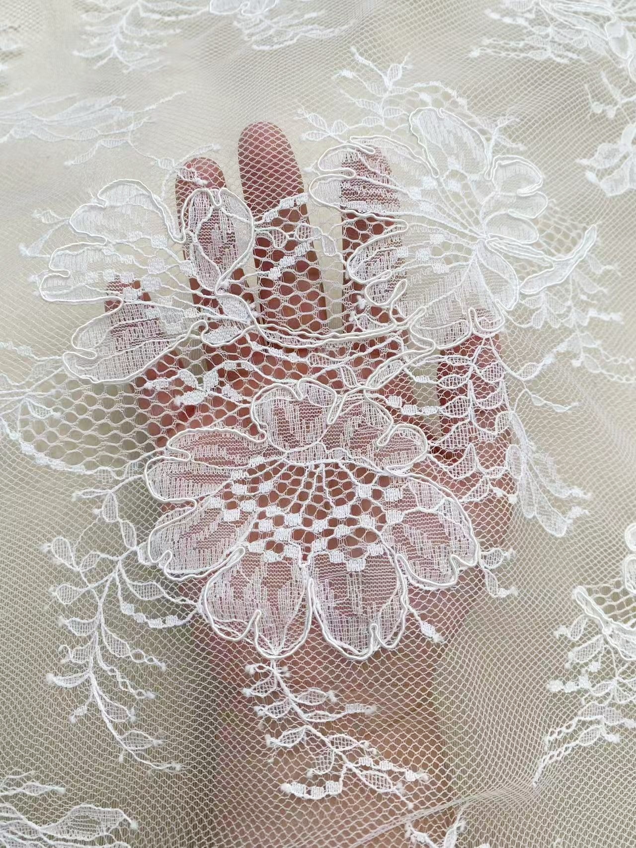 New arrival Chantilly lace fabric with flowers for bridal veil, bridal dress, White wedding lace French lace by the yard