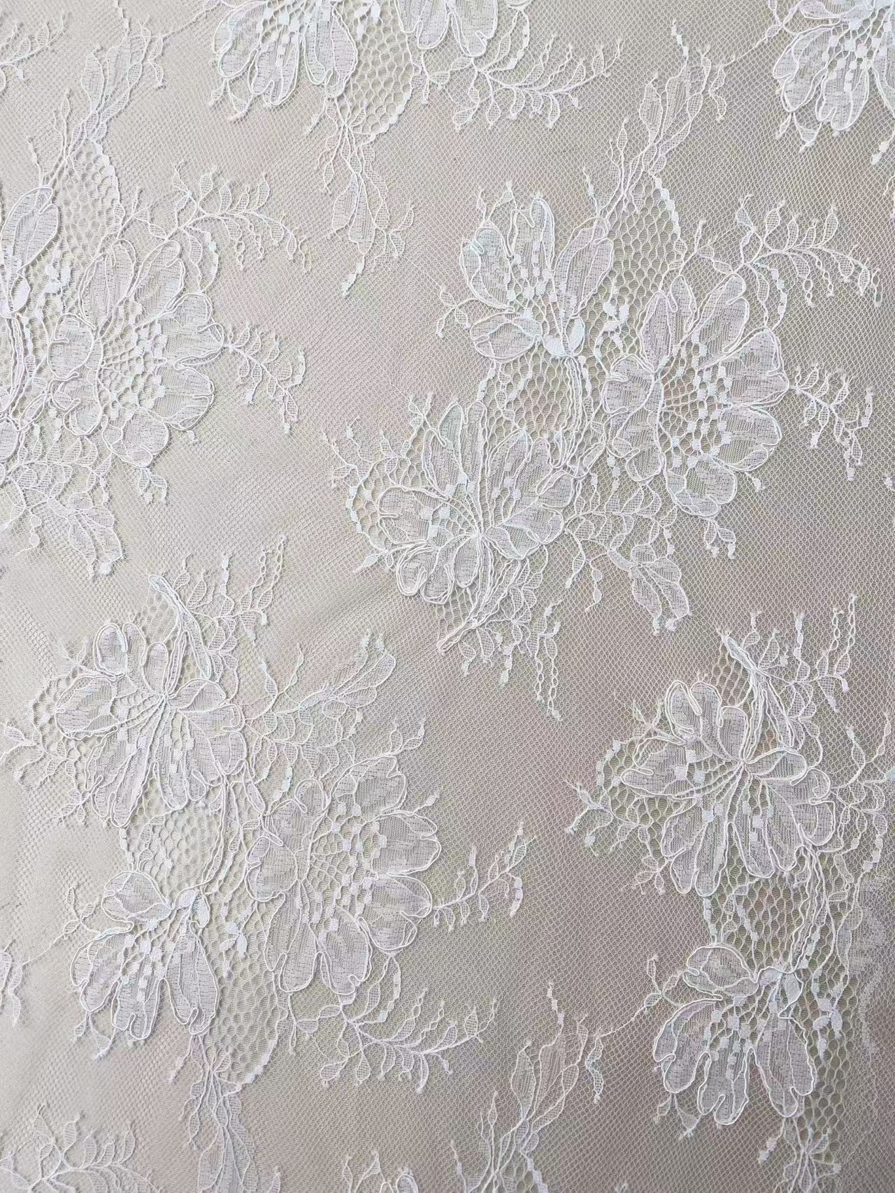New arrival Chantilly lace fabric with flowers for bridal veil, bridal dress, White wedding lace French lace by the yard