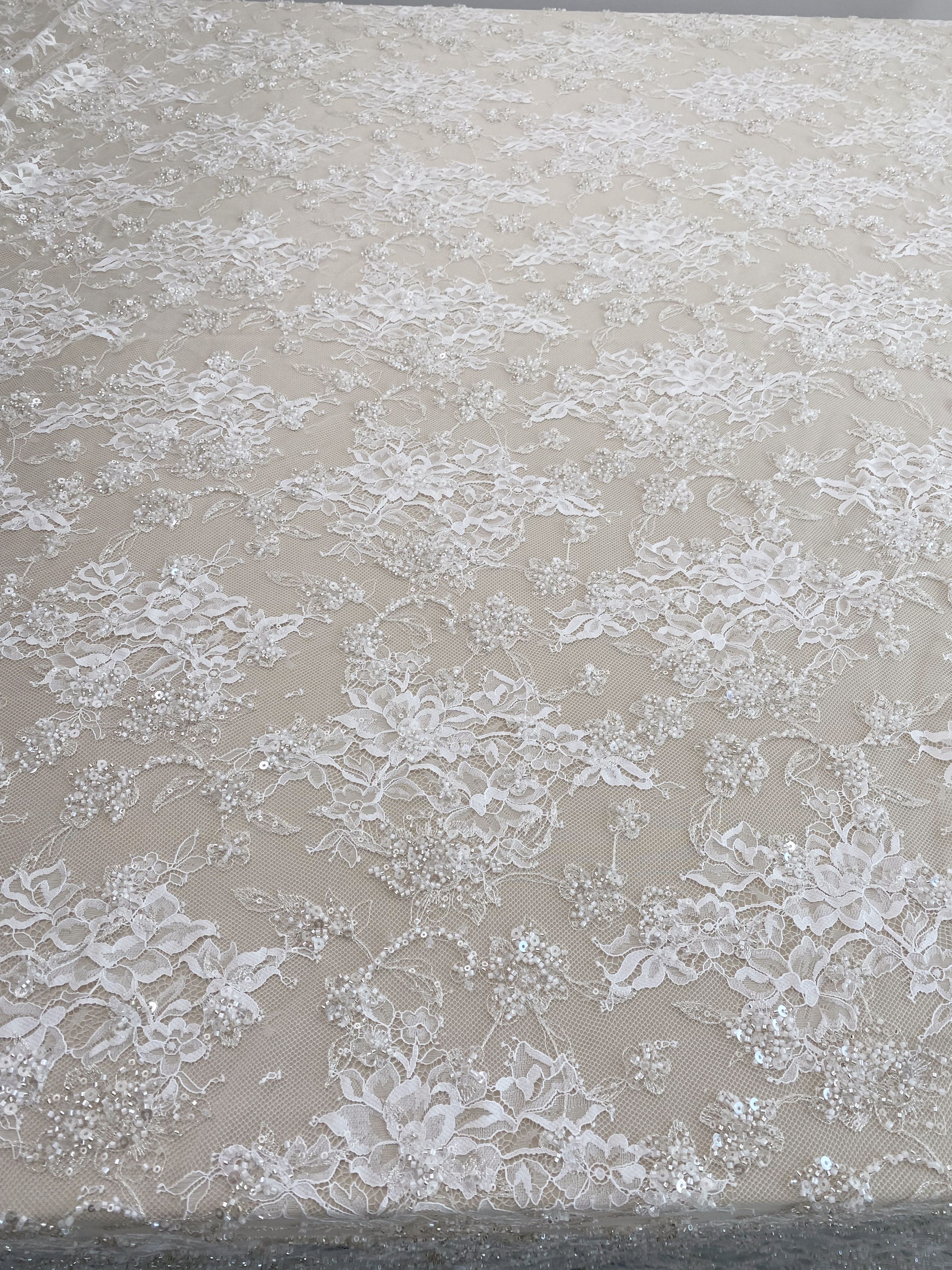 3 Meters Heavy Bead Chantilly Lace Fabric with Sequins for Wedding Dress,Bridal Gown Veil, Alencon Lace Floral Trim Eyelash Edging