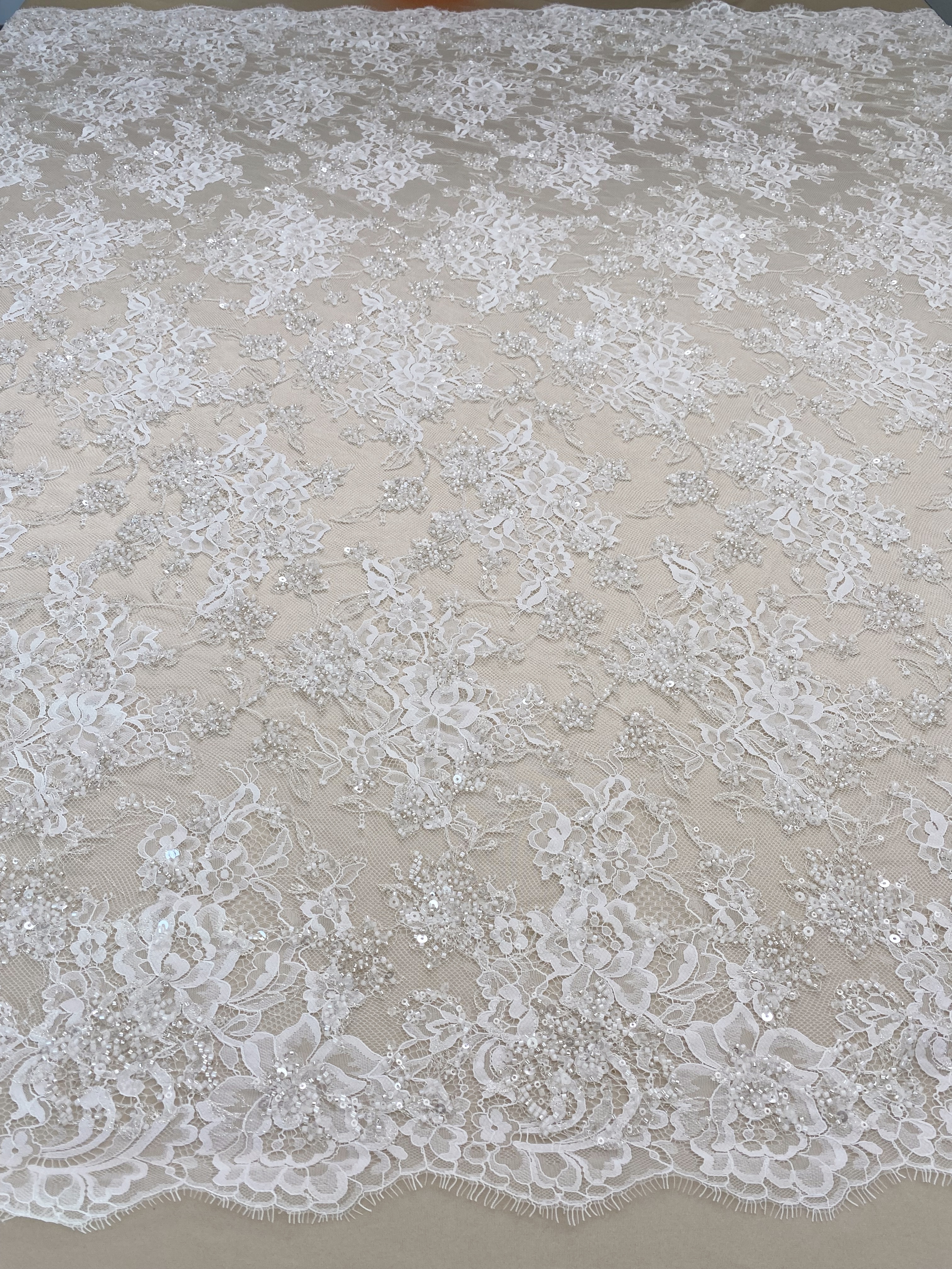 3 Meters Heavy Bead Chantilly Lace Fabric with Sequins for Wedding Dress,Bridal Gown Veil, Alencon Lace Floral Trim Eyelash Edging