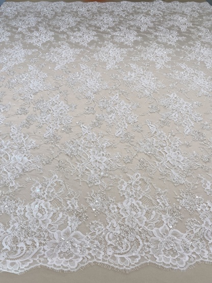 3 Meters Heavy Bead Chantilly Lace Fabric with Sequins for Wedding Dress,Bridal Gown Veil, Alencon Lace Floral Trim Eyelash Edging