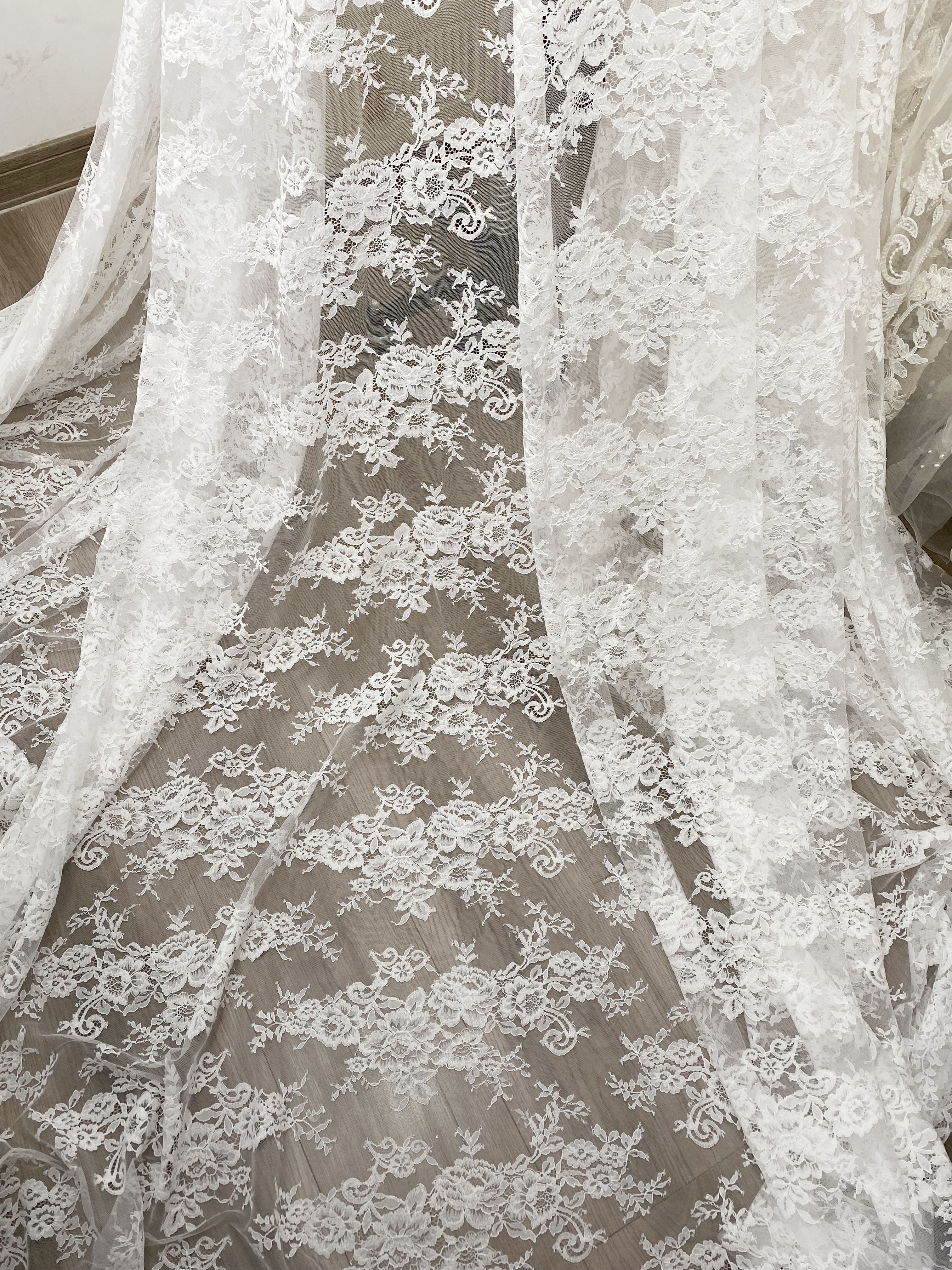 3Meters Wide Lace Fabric with Exclusive flower Parttern for Wedding Dress and Veil, Floral Embroidered Tulle by the Yard, Bridal Material