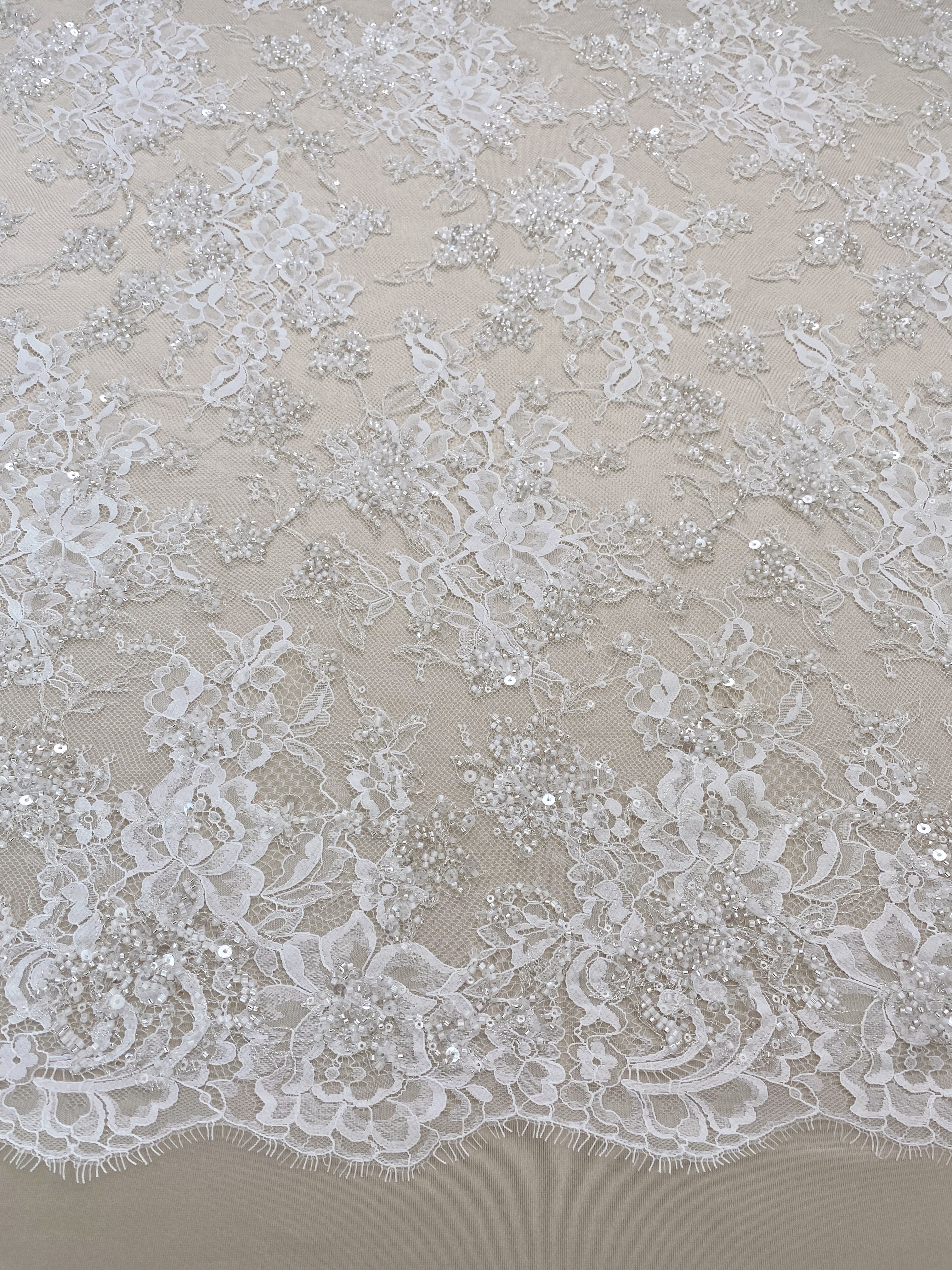3 Meters Heavy Bead Chantilly Lace Fabric with Sequins for Wedding Dress,Bridal Gown Veil, Alencon Lace Floral Trim Eyelash Edging