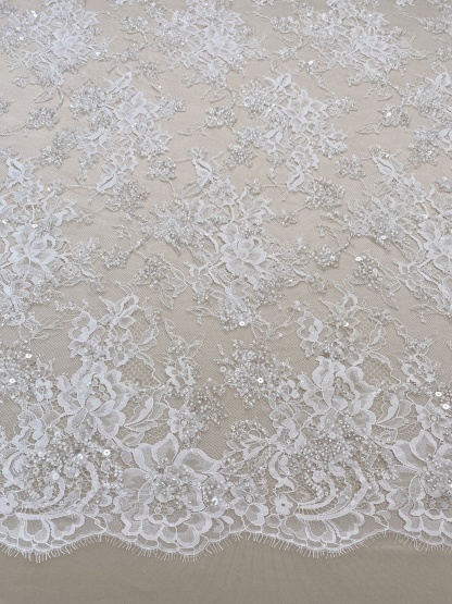 3 Meters Heavy Bead Chantilly Lace Fabric with Sequins for Wedding Dress,Bridal Gown Veil, Alencon Lace Floral Trim Eyelash Edging