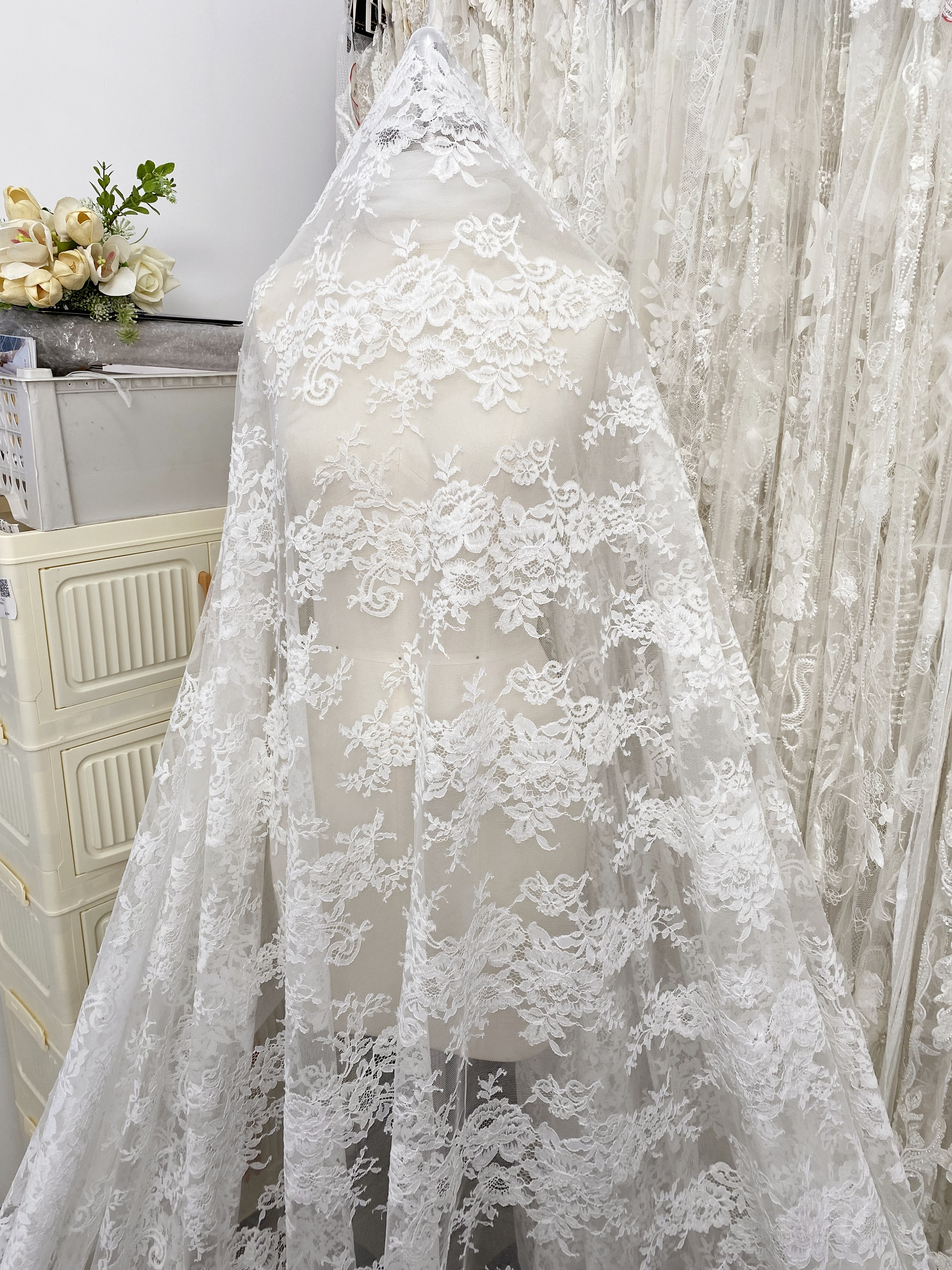 3Meters Wide Lace Fabric with Exclusive flower Parttern for Wedding Dress and Veil, Floral Embroidered Tulle by the Yard, Bridal Material