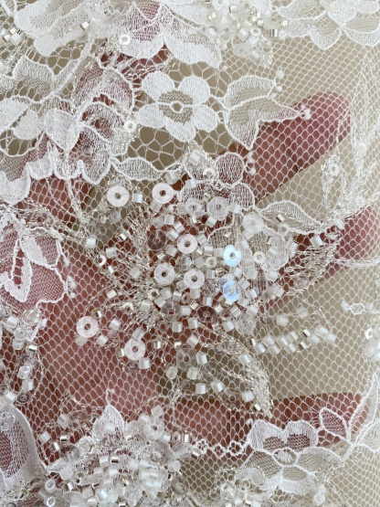 3 Meters Heavy Bead Chantilly Lace Fabric with Sequins for Wedding Dress,Bridal Gown Veil, Alencon Lace Floral Trim Eyelash Edging