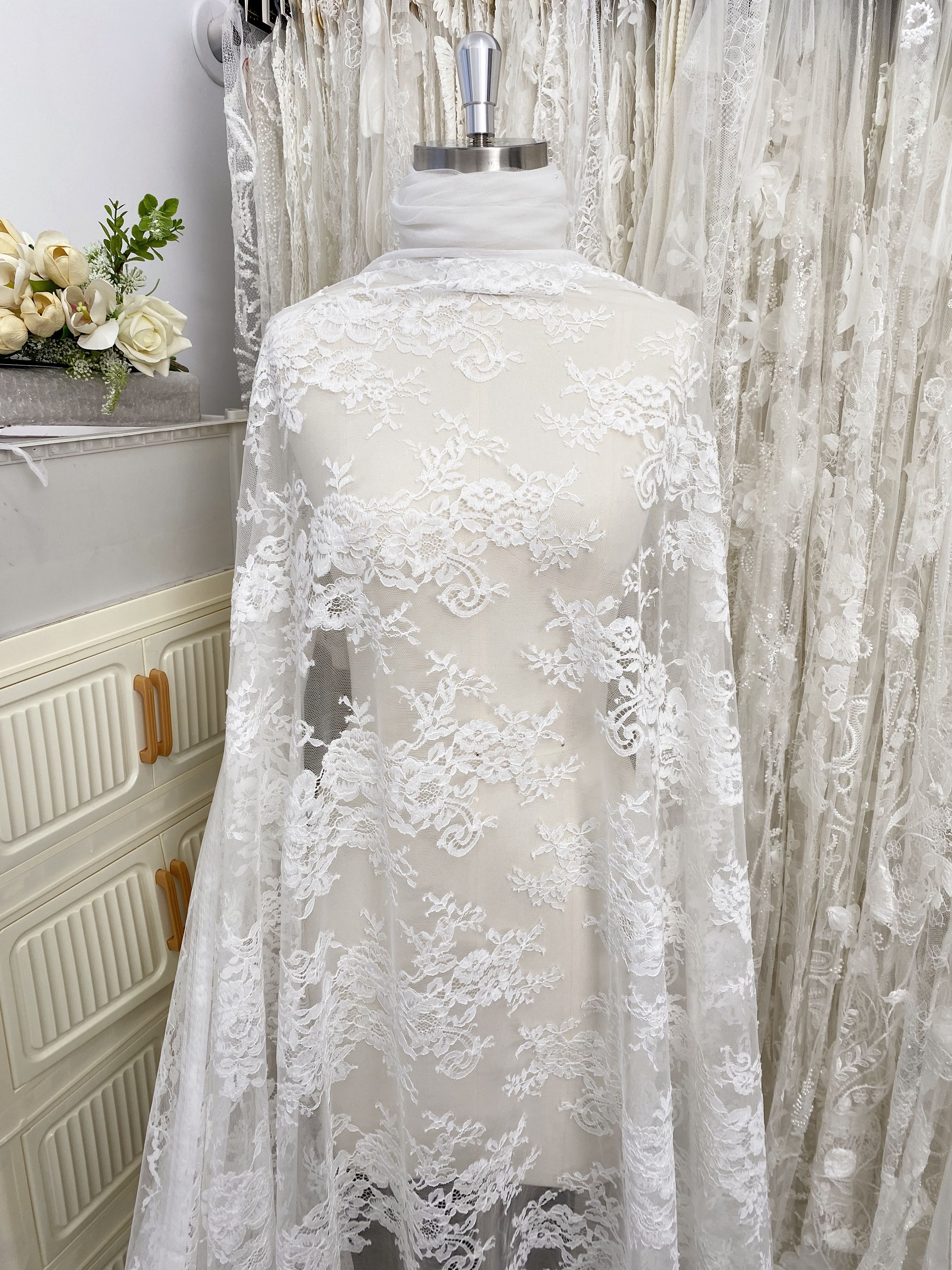 3Meters Wide Lace Fabric with Exclusive flower Parttern for Wedding Dress and Veil, Floral Embroidered Tulle by the Yard, Bridal Material