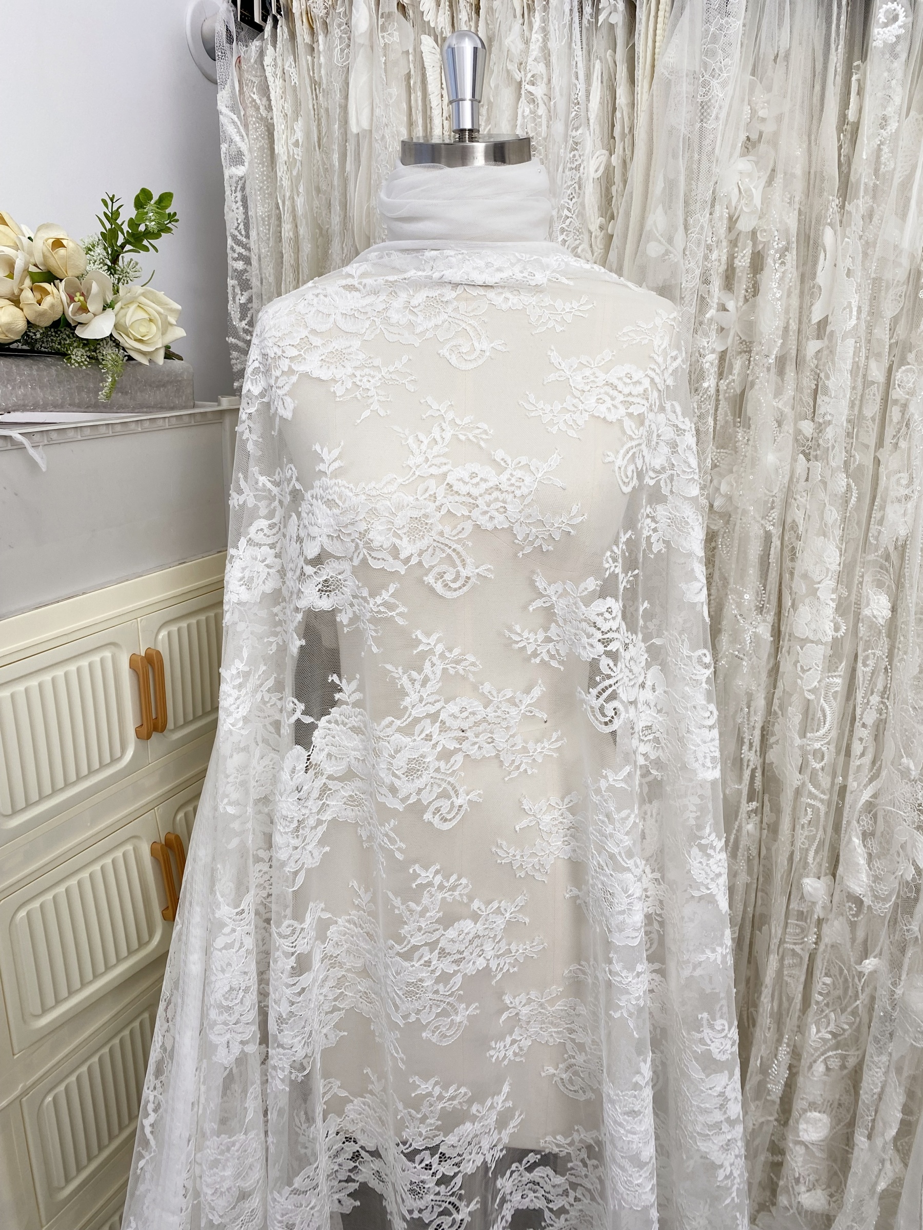 3Meters Wide Lace Fabric with Exclusive flower Parttern for Wedding Dress and Veil, Floral Embroidered Tulle by the Yard, Bridal Material