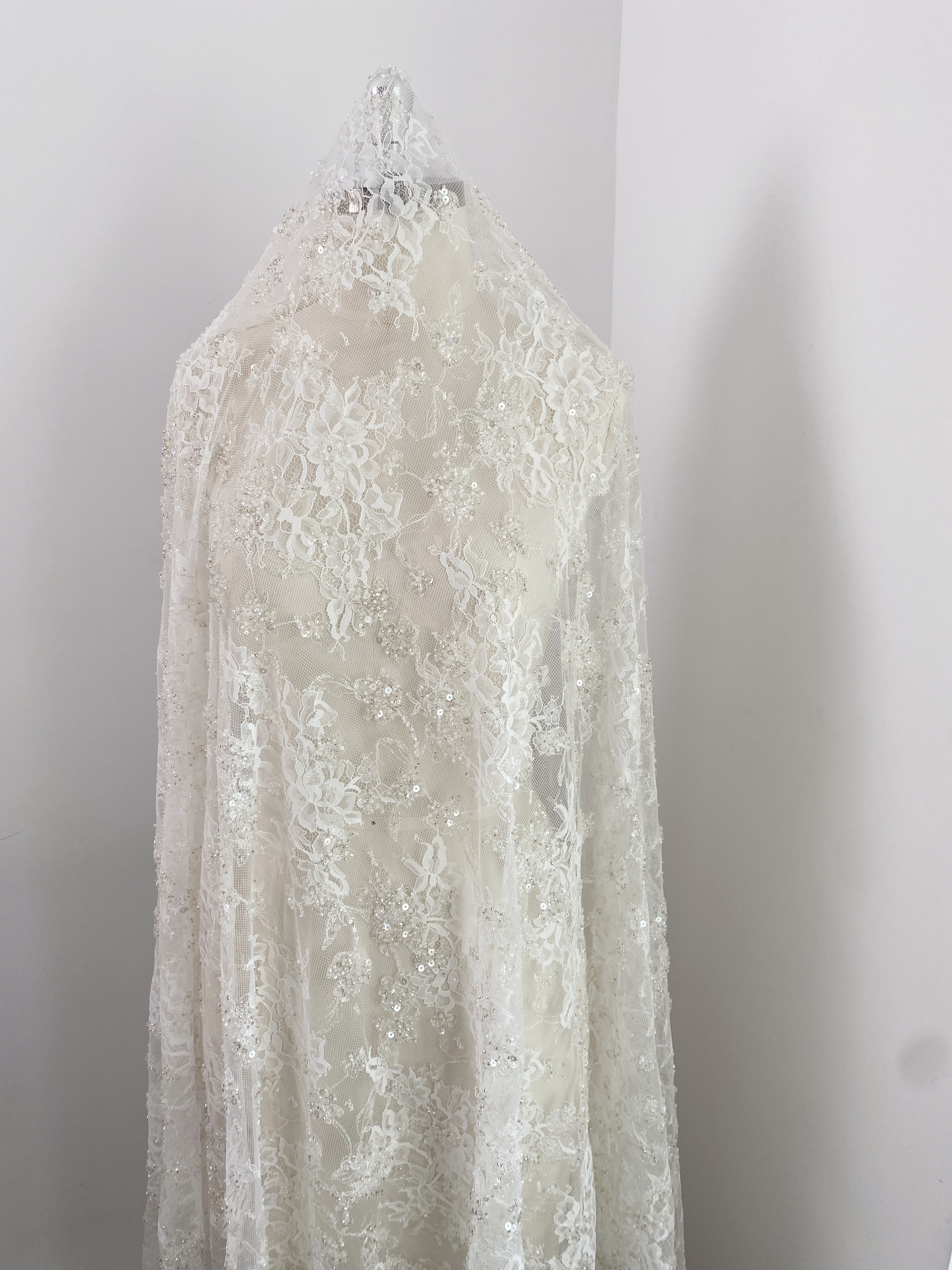 3 Meters Heavy Bead Chantilly Lace Fabric with Sequins for Wedding Dress,Bridal Gown Veil, Alencon Lace Floral Trim Eyelash Edging