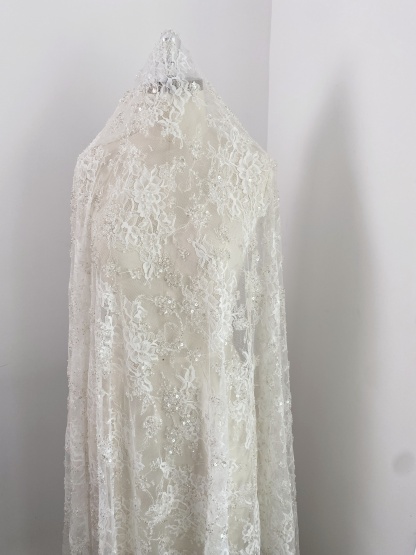 3 Meters Heavy Bead Chantilly Lace Fabric with Sequins for Wedding Dress,Bridal Gown Veil, Alencon Lace Floral Trim Eyelash Edging