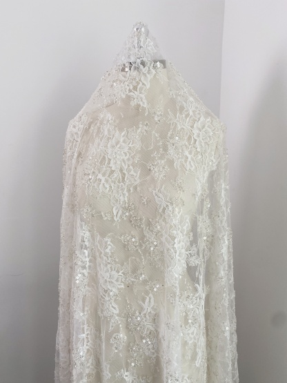 3 Meters Heavy Bead Chantilly Lace Fabric with Sequins for Wedding Dress,Bridal Gown Veil, Alencon Lace Floral Trim Eyelash Edging