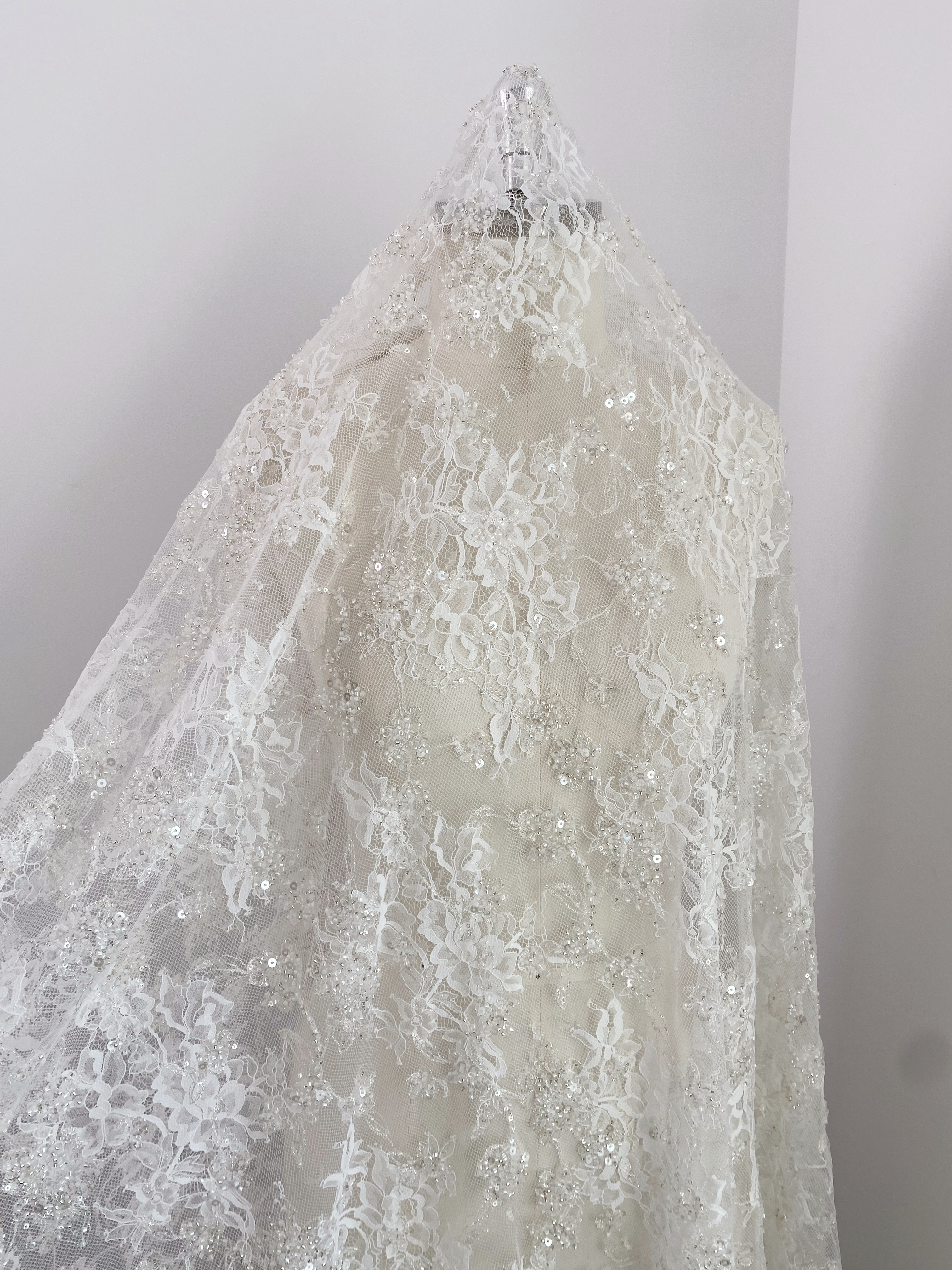 3 Meters Heavy Bead Chantilly Lace Fabric with Sequins for Wedding Dress,Bridal Gown Veil, Alencon Lace Floral Trim Eyelash Edging