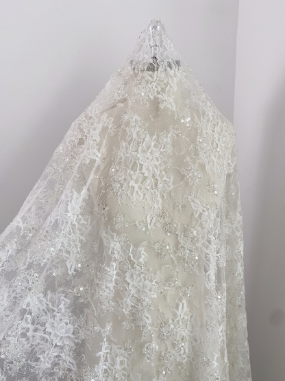 3 Meters Heavy Bead Chantilly Lace Fabric with Sequins for Wedding Dress,Bridal Gown Veil, Alencon Lace Floral Trim Eyelash Edging