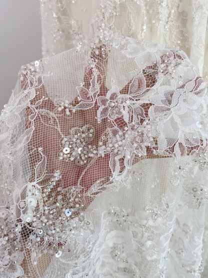 3 Meters Heavy Bead Chantilly Lace Fabric with Sequins for Wedding Dress,Bridal Gown Veil, Alencon Lace Floral Trim Eyelash Edging