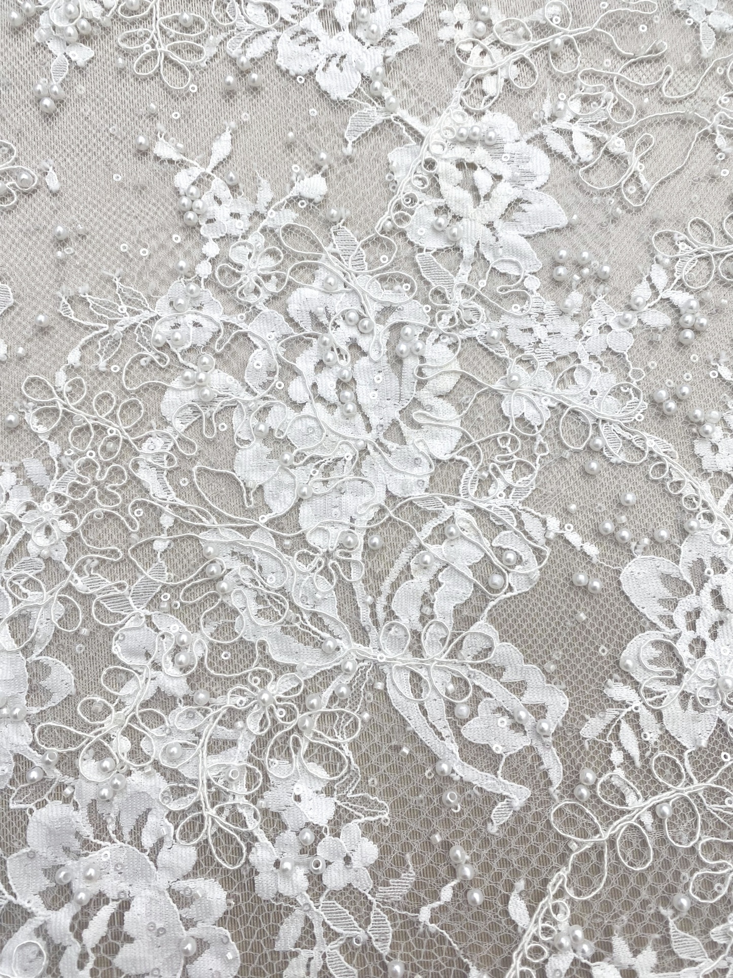 White Cord Beaded Chantilly Lace Fabric for Wedding Dress,Bridal Gown Veil, Pearls Lace with Eyelash Edging,Sold as 3-Meter Piece