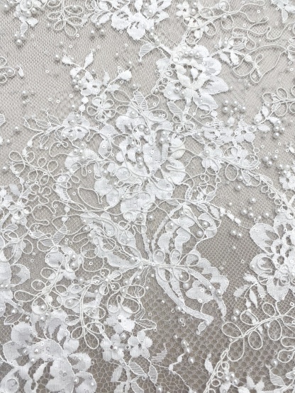 White Cord Beaded Chantilly Lace Fabric for Wedding Dress,Bridal Gown Veil, Pearls Lace with Eyelash Edging,Sold as 3-Meter Piece