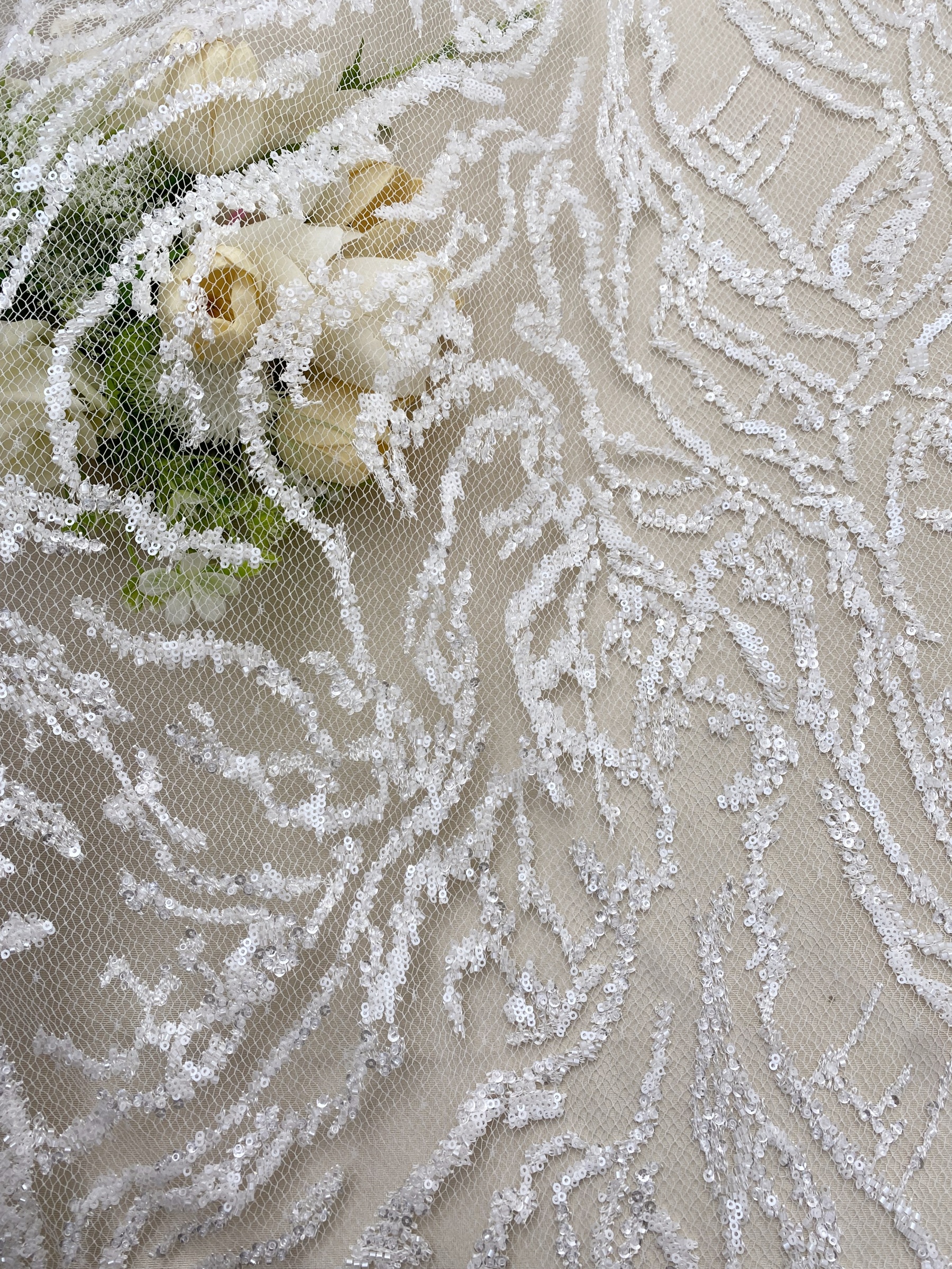 Beaded Tulle Fabric with 3D Dew Drop Effect on Nude Mesh, Wedding Lace with Sequins Bridal Tulle for Gown, Dressmaking Material