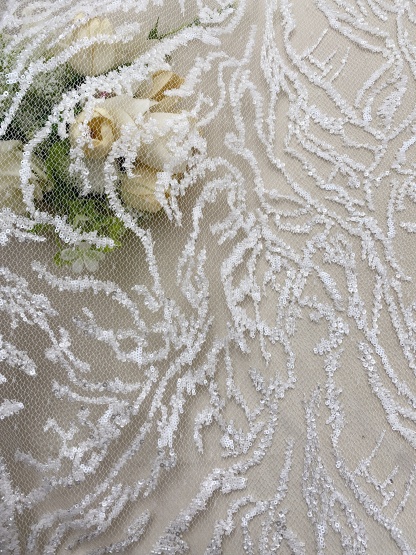 Beaded Tulle Fabric with 3D Dew Drop Effect on Nude Mesh, Wedding Lace with Sequins Bridal Tulle for Gown, Dressmaking Material
