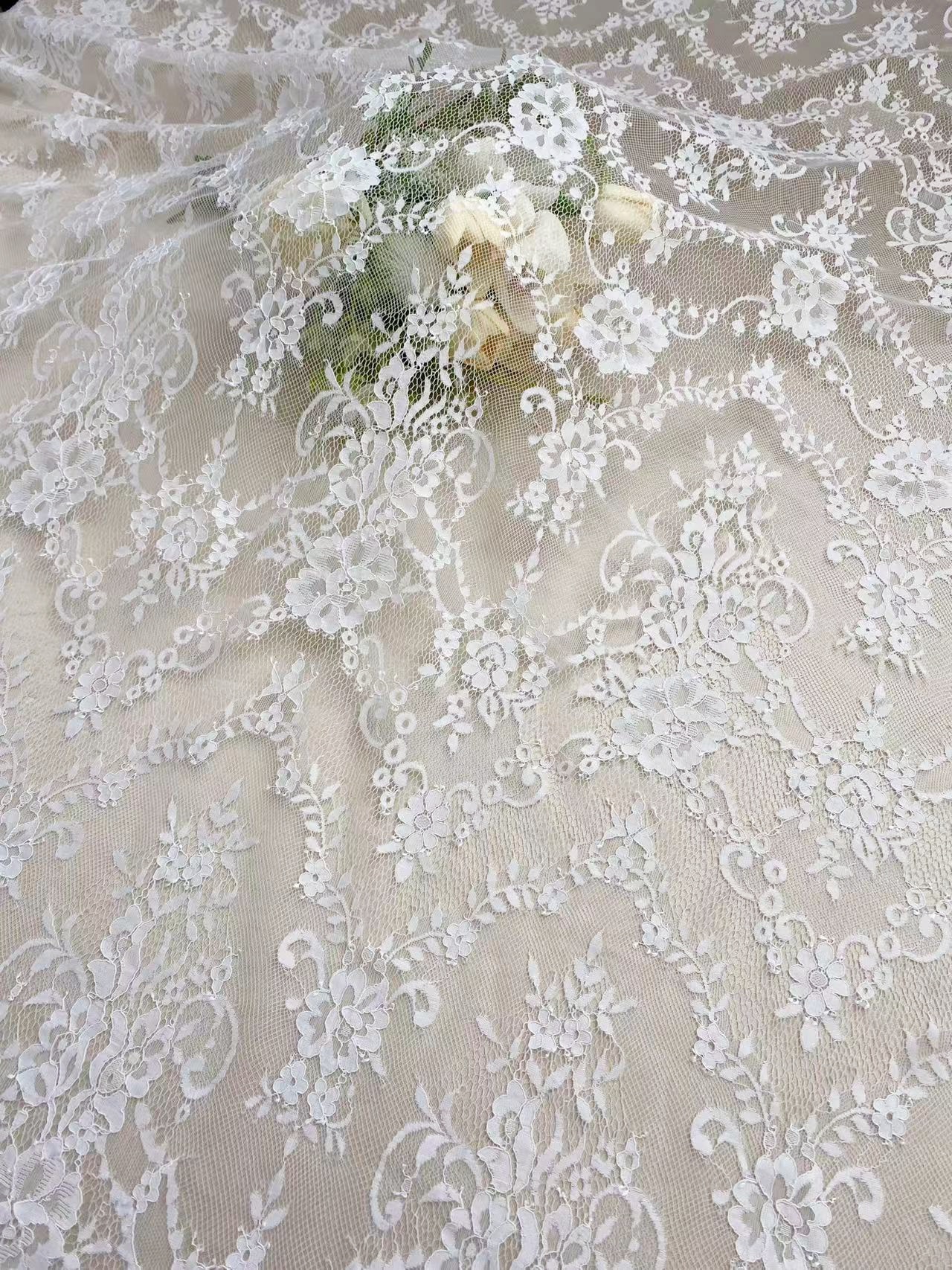 Soft Light French Chantily Eyelash Lace for Wedding Dress, Bridal Gown, Classic Lace Top Overlay, White Lace Fabric DIY Bridal Dress 