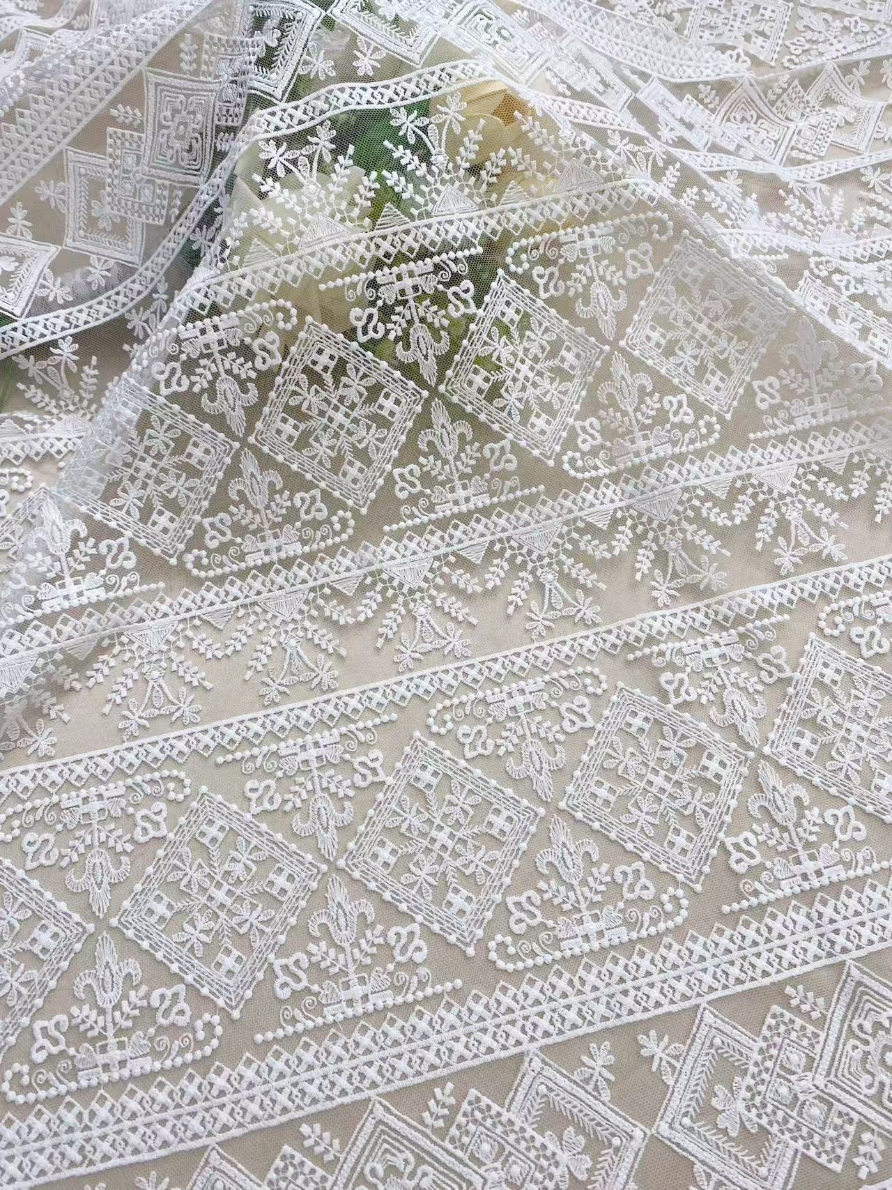 White Guipure Mesh Lace Fabric, Bridal Guipure Lace Fabric, Crochet Wedding Lace, Bridal Wedding Dress Stripe line Embroidery flower lace by the yard