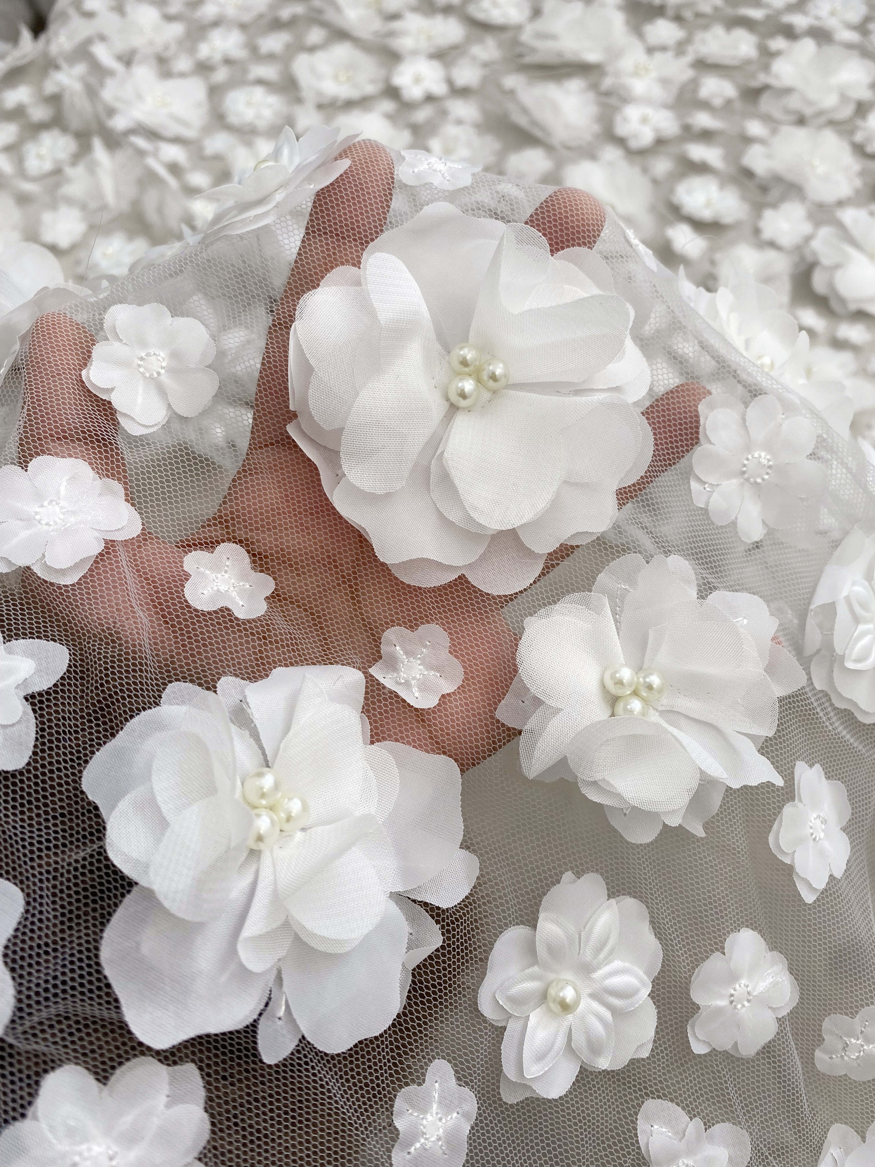 3D Blossom Flowers Mesh Lace Fabric with Pearl Beads | Floral Petals Tulle for Wedding Dresses, Bridal Gowns, Veils & Evening Wear