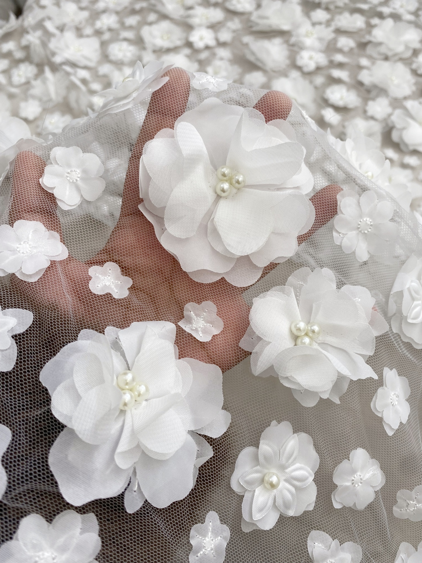 3D Blossom Flowers Mesh Lace Fabric with Pearl Beads | Floral Petals Tulle for Wedding Dresses, Bridal Gowns, Veils & Evening Wear